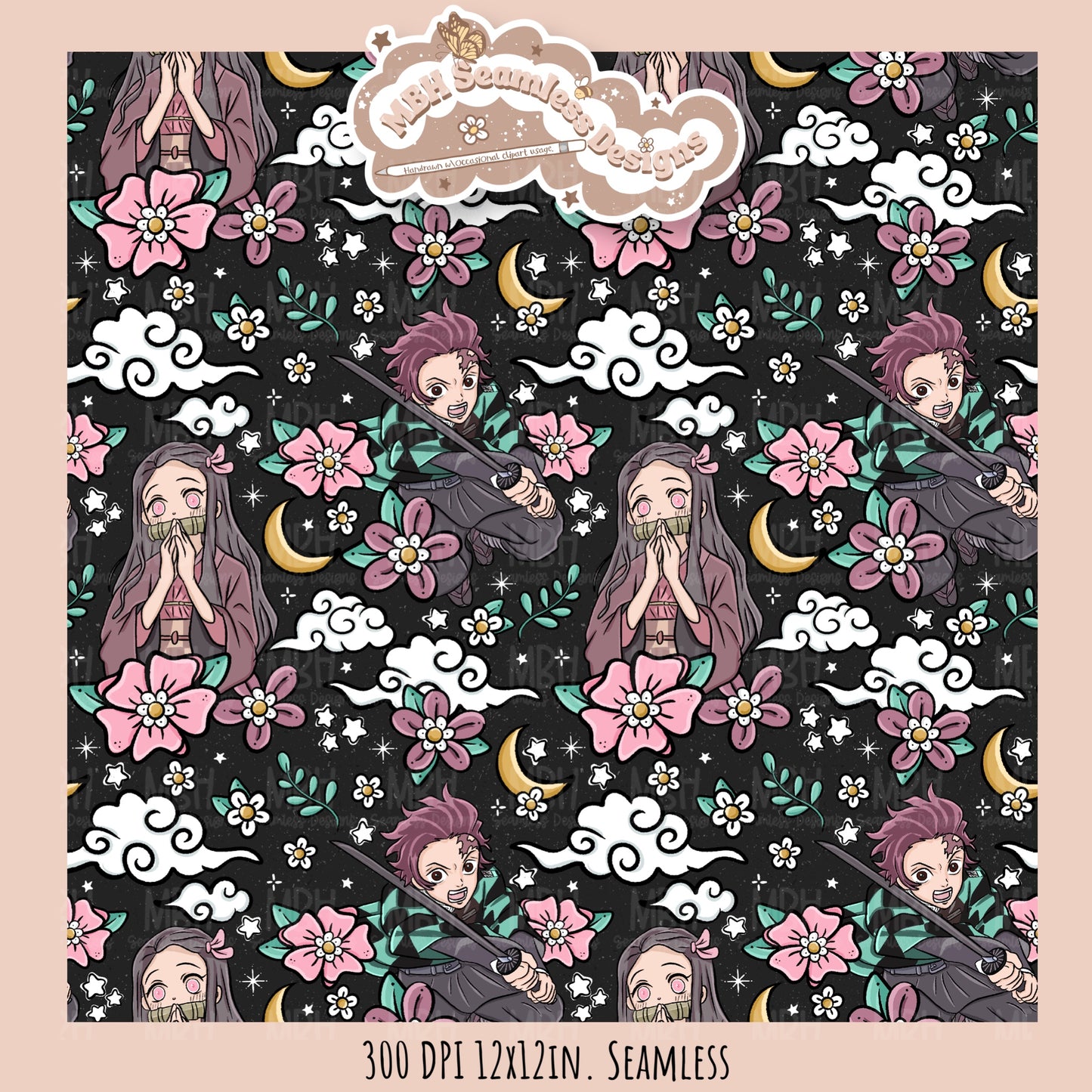 Tanjiro Nezuko Floral Seamless Pattern // MULTIPLE COLORWAY OPTIONS