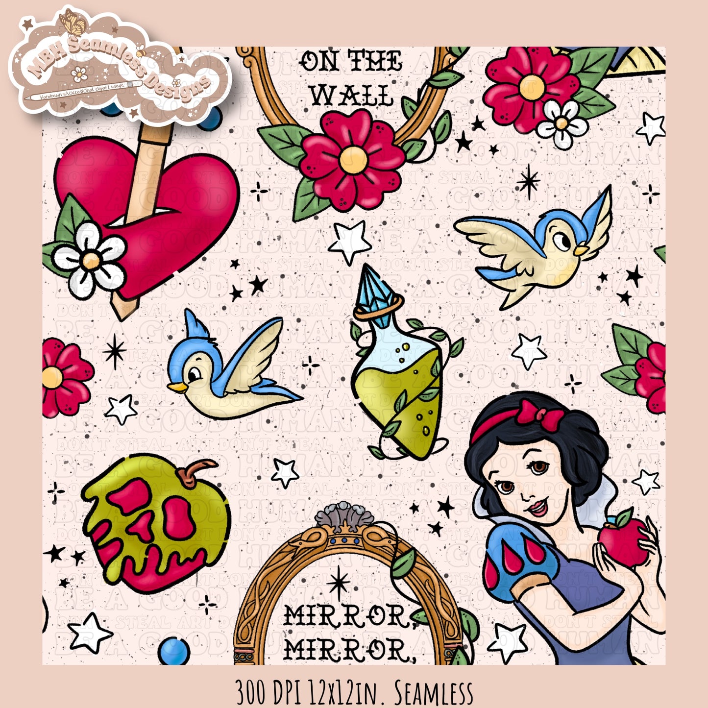 Snow White Tattoo Floral Seamless Pattern MULTIPLE COLORWAYS