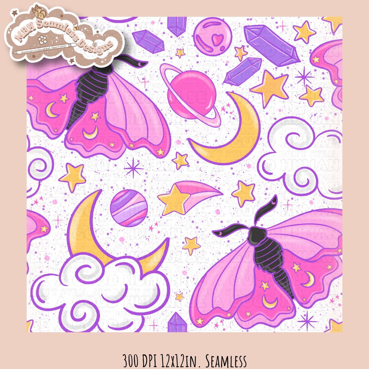 Galaxy Moths Seamless Pattern Multiple Colorways