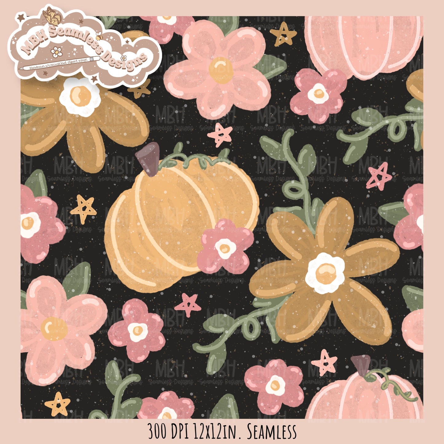 Dusty Fall Floral Pumpkins Seamless Pattern•Multiple Colorways