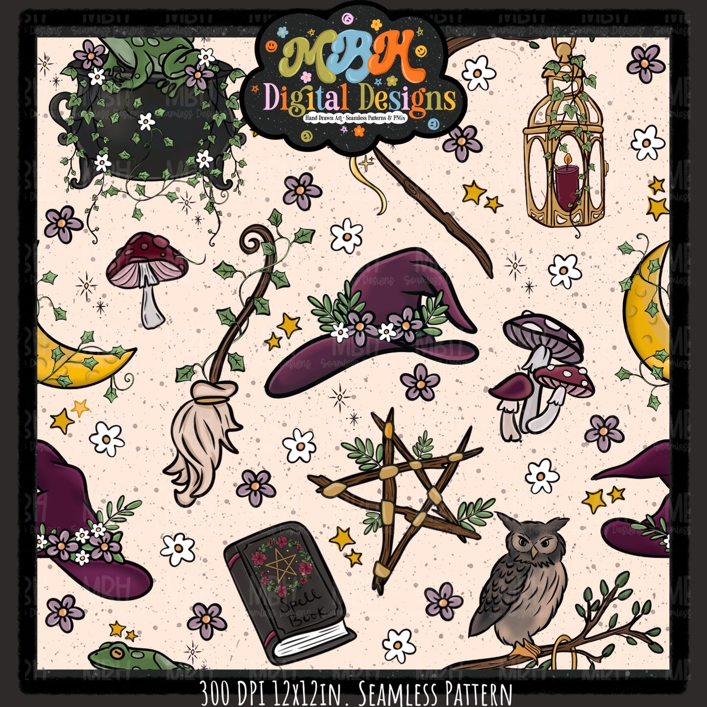 Forest Witch Seamless Pattern// PNG// MULTIPLE COLORWAYS