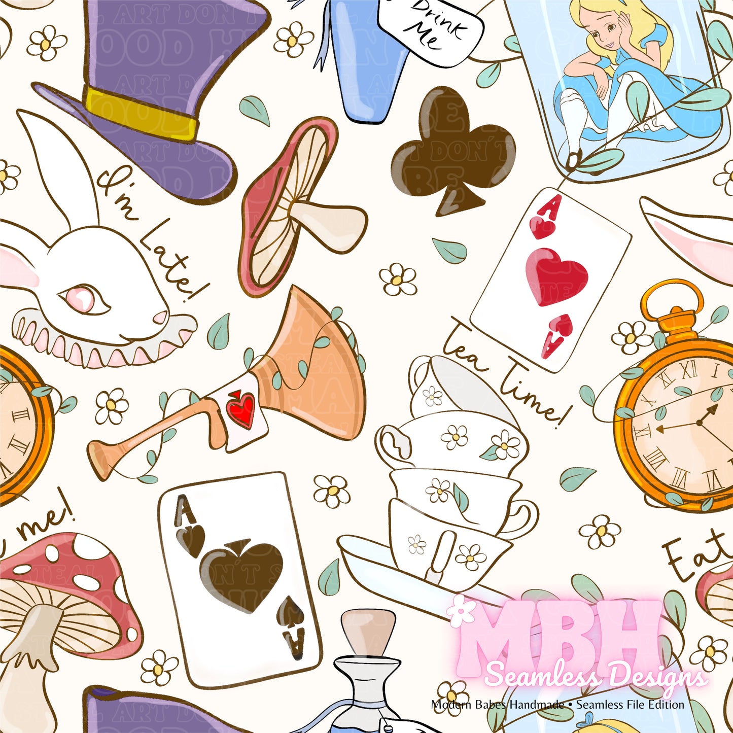 Alice In Wonderland Assorted Colorways Seamless Pattern