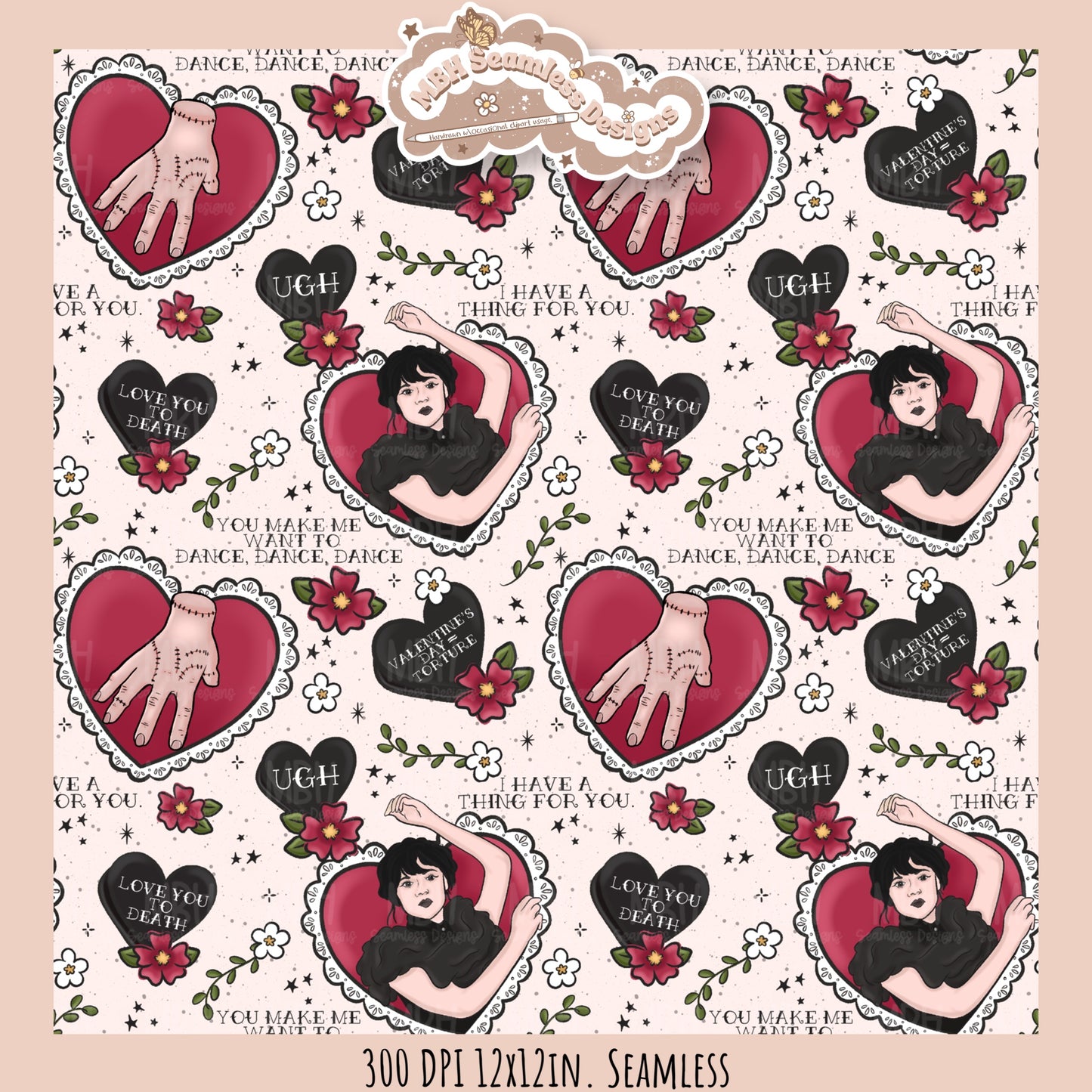 Wednesday Red Tattoo Hearts  Seamless Pattern // PNG // Assorted Colorways