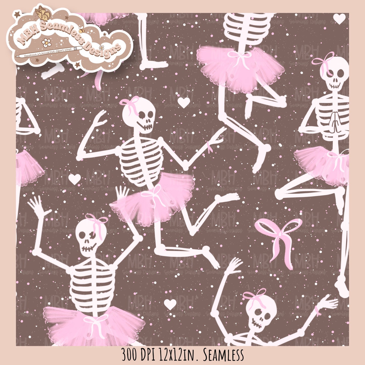 Ballerina Skeletons Seamless Pattern•PNG•Multiple Colorways