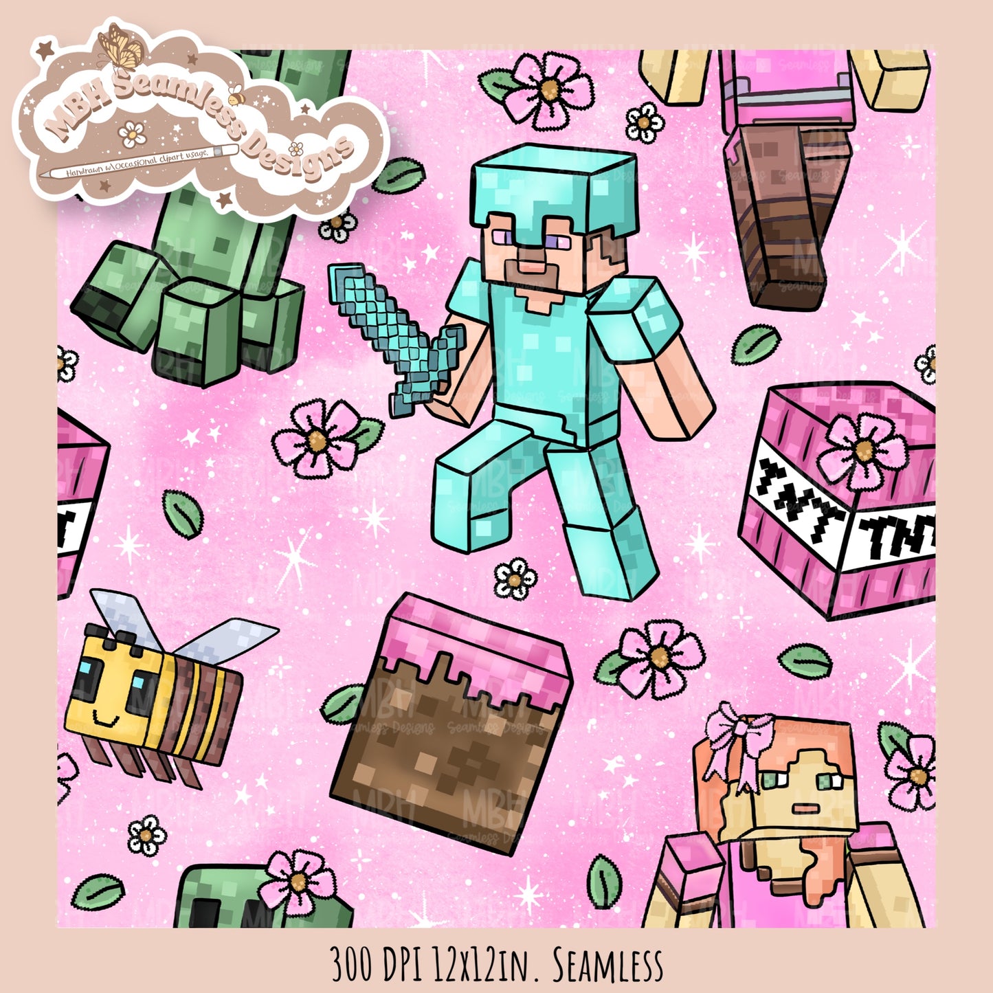Girly Minecraft Seamless Pattern MULTIPLE COLORWAYS