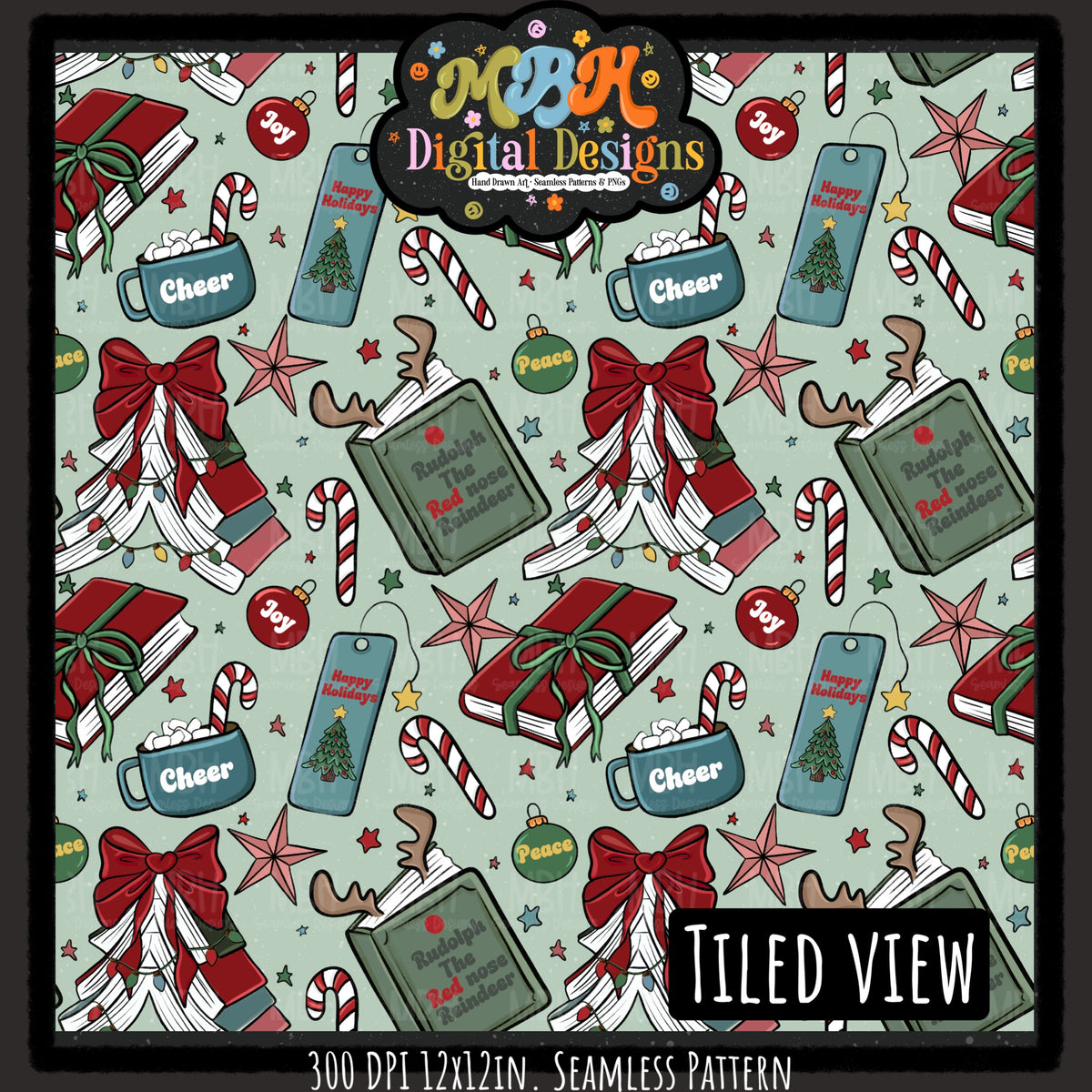 Moody Bookish Christmas Seamless Pattern // MULTIPLE COLORWAYS
