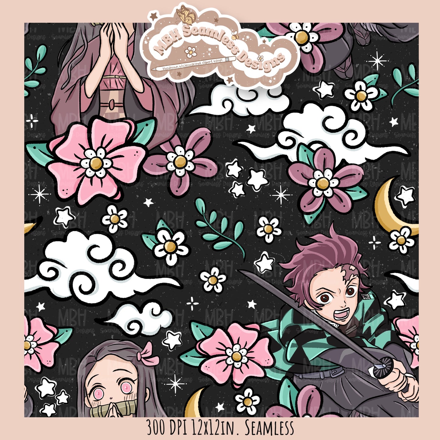 Tanjiro Nezuko Floral Seamless Pattern // MULTIPLE COLORWAY OPTIONS