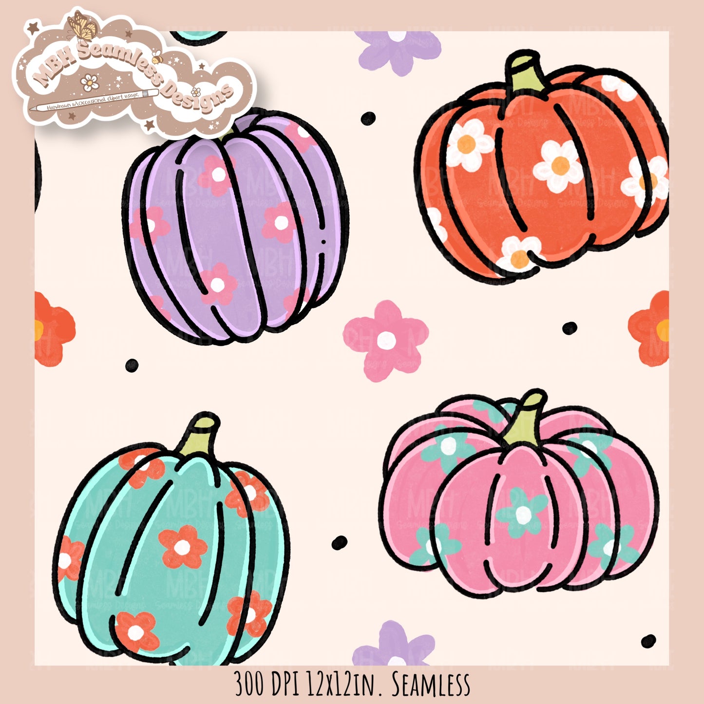 Daisy Pumpkins Seamless Pattern // Assorted Colorway Options