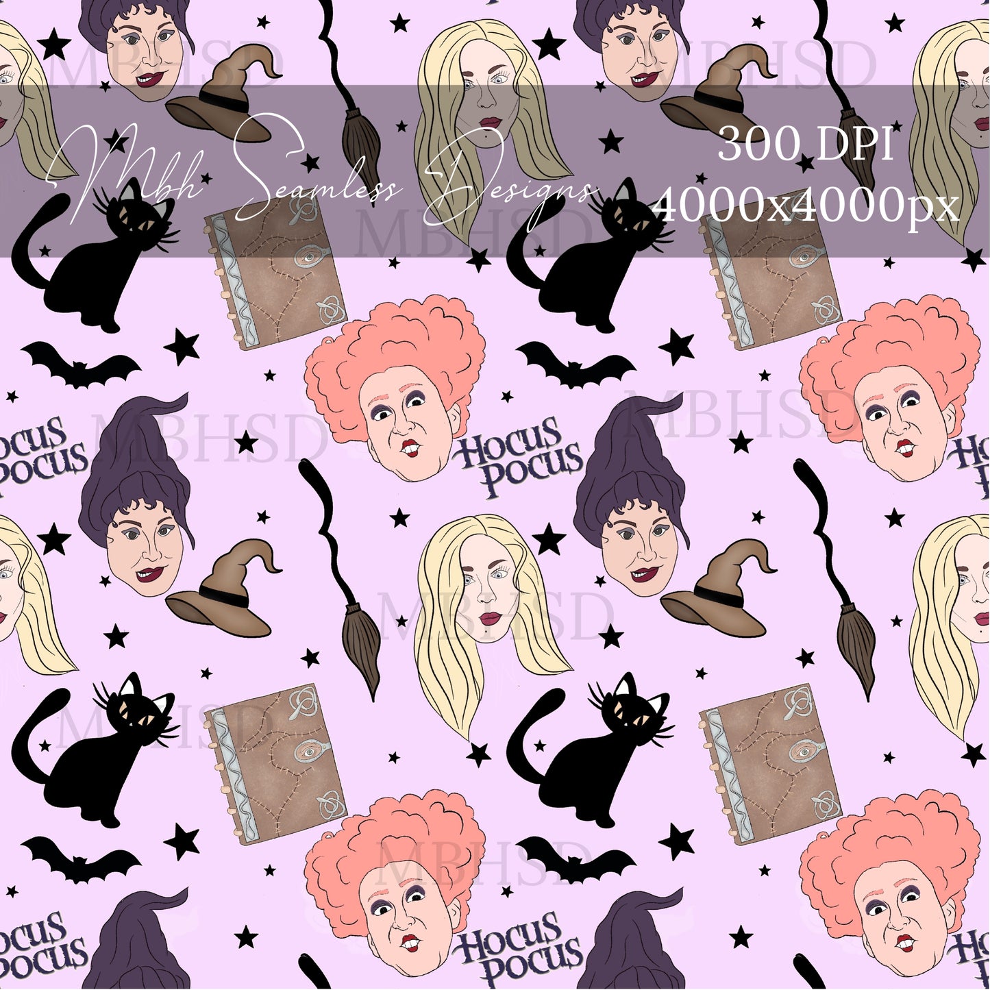 Black Starry Hocus Pocus 2 Colors Seamless Pattern