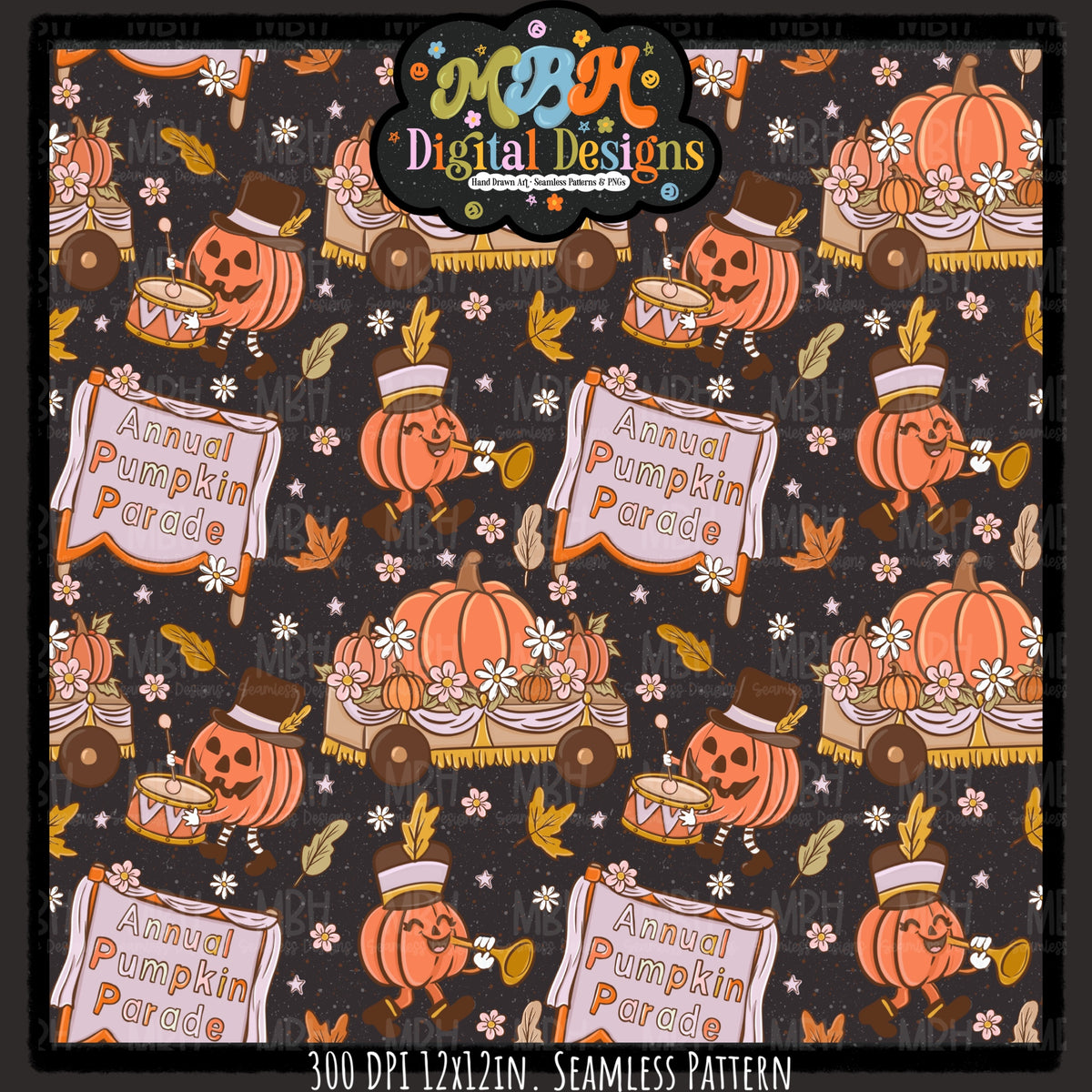 Boho Pumpkin Parade Seamless Pattern// PNG// MULTIPLE COLORWAYS