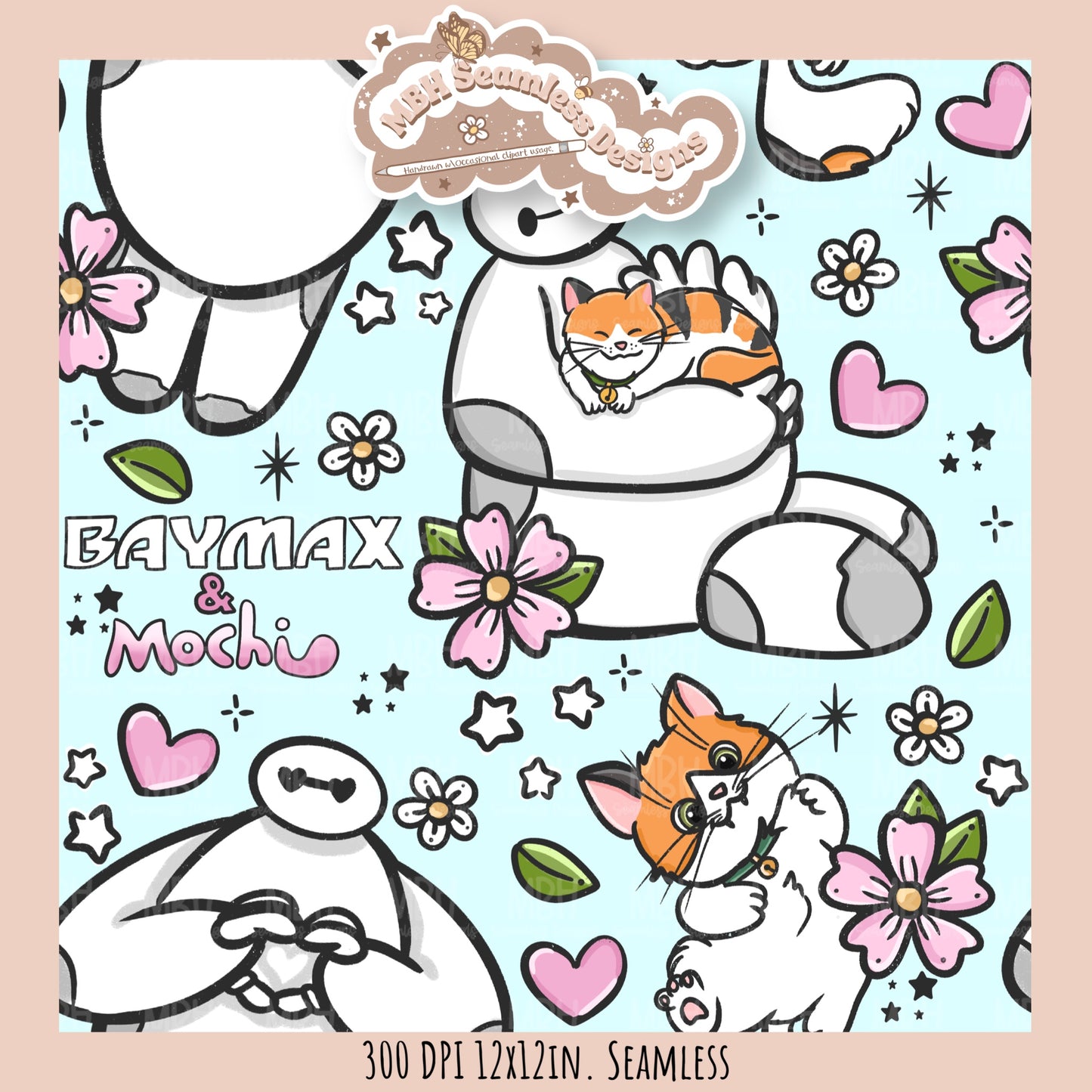 Floral Baymax Mochi Seamless Pattern // Multiple Colorway Options