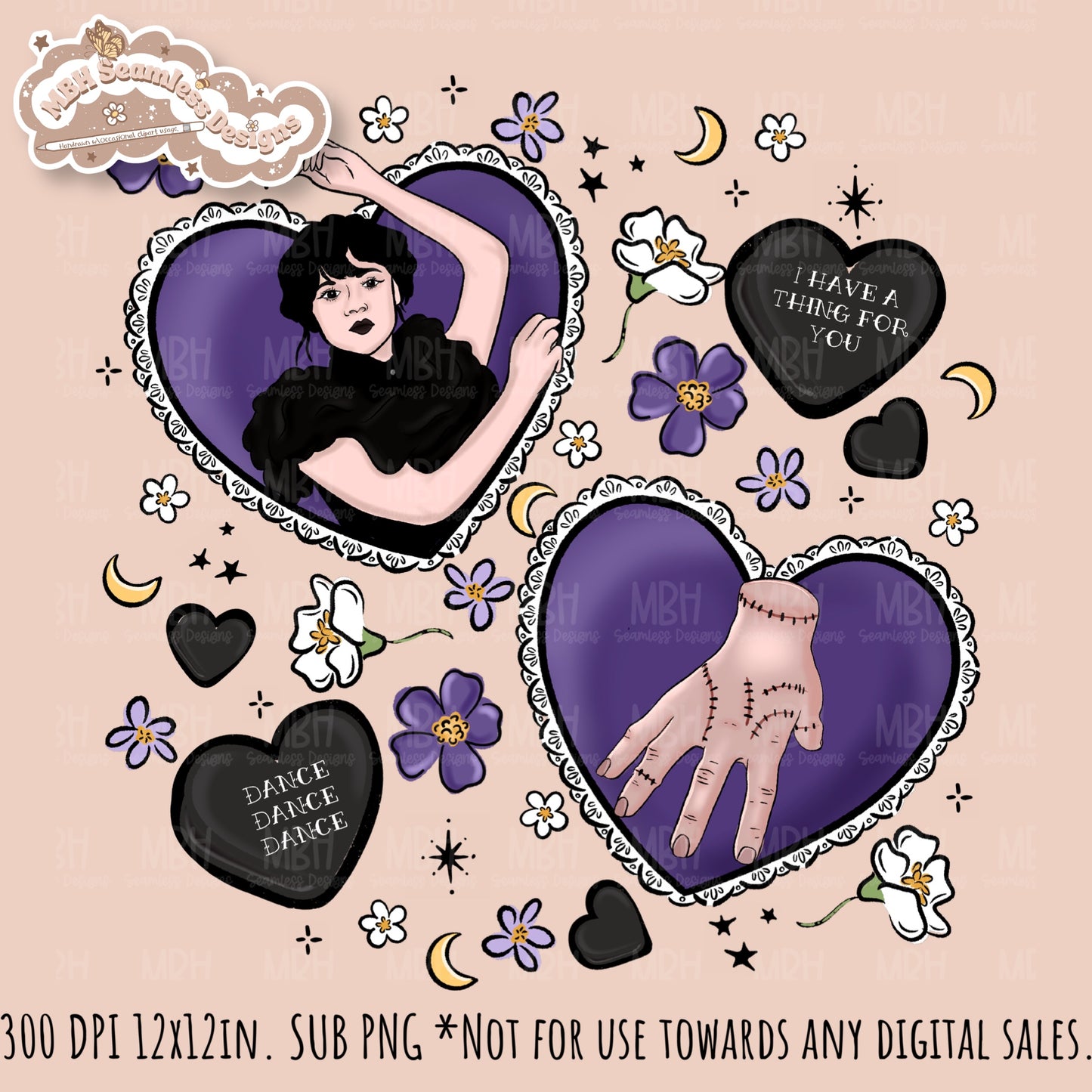 Wednesday Purple Tattoo Hearts Seamless Pattern // PNG // Assorted Colorways