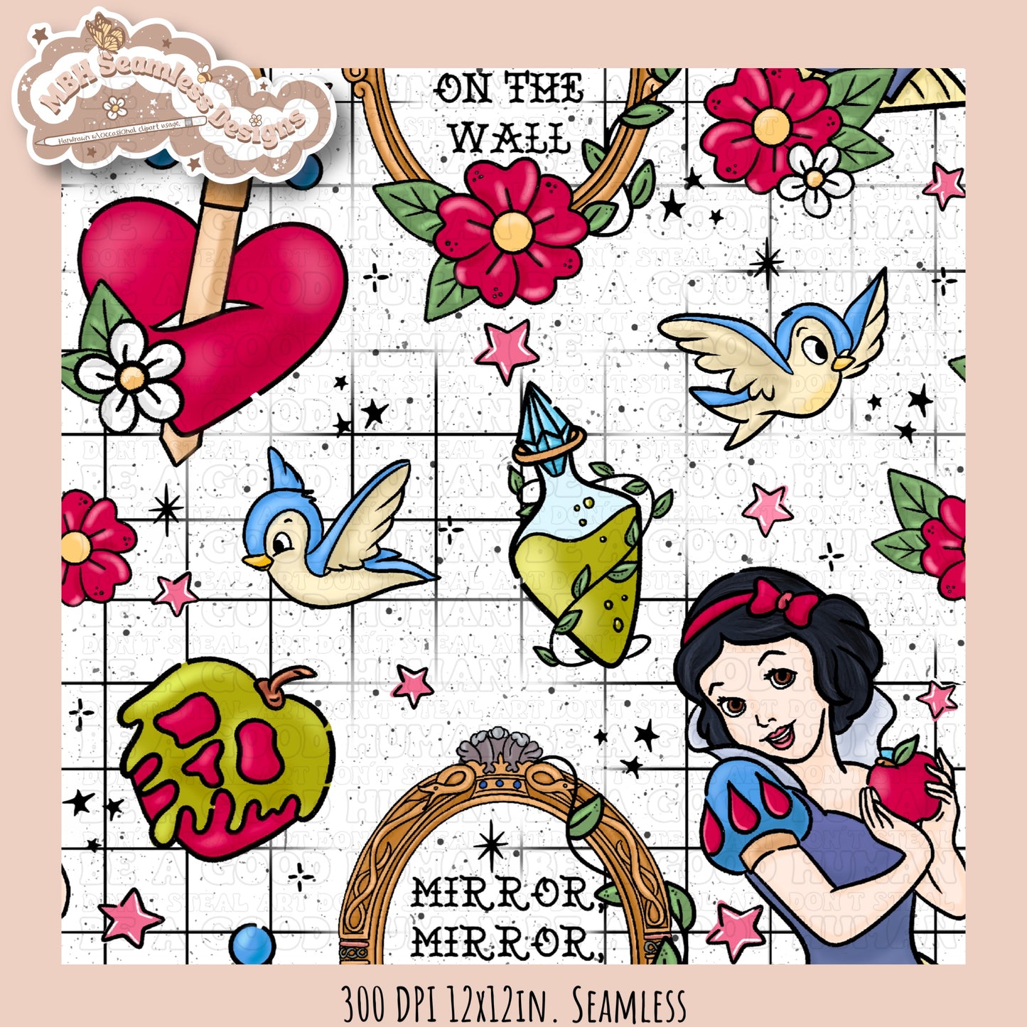 Snow White Tattoo Floral Seamless Pattern MULTIPLE COLORWAYS