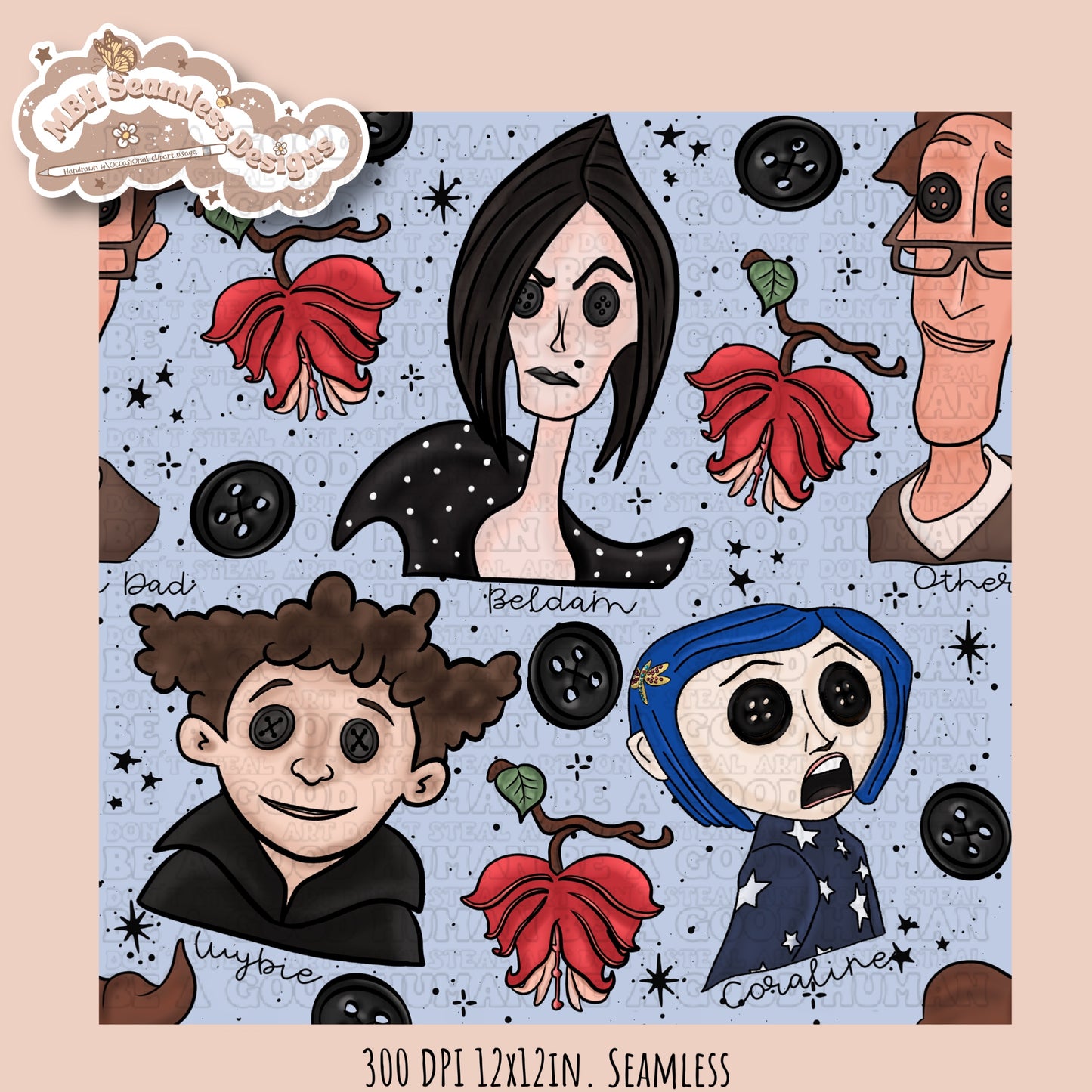 Bleeding Hearts Button Eyes Seamless Pattern Multiple Colorway Options