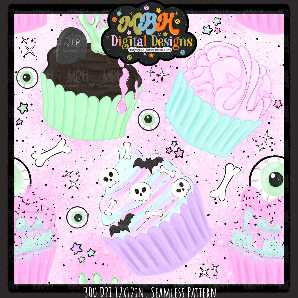 Pastel Creepy Cupcakes Seamless Pattern // PNG // MULTIPLE COLORWAYS