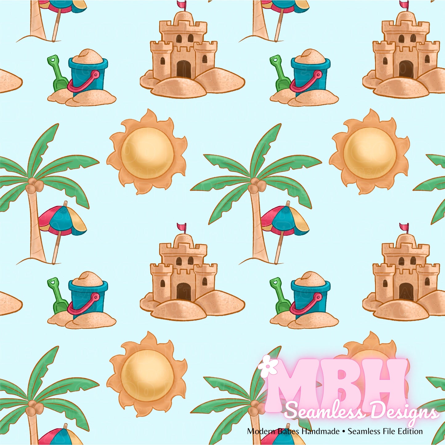 Sun and Sandcastles Seamless Pattern MULTIPLE COLORWAYS