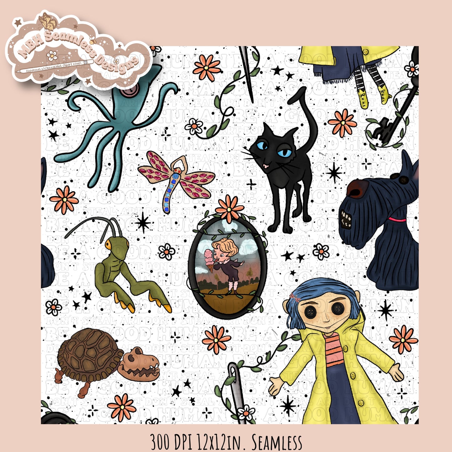 Boho Button Eyes Floral Seamless Pattern Multiple Colorway Options