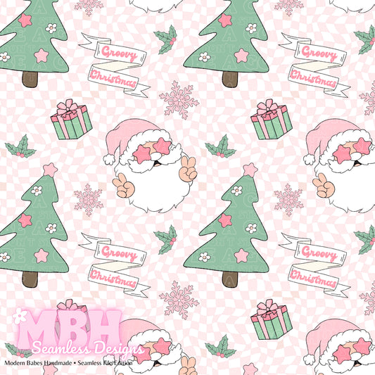 Pink Checkered Groovy Christmas Seamless Pattern