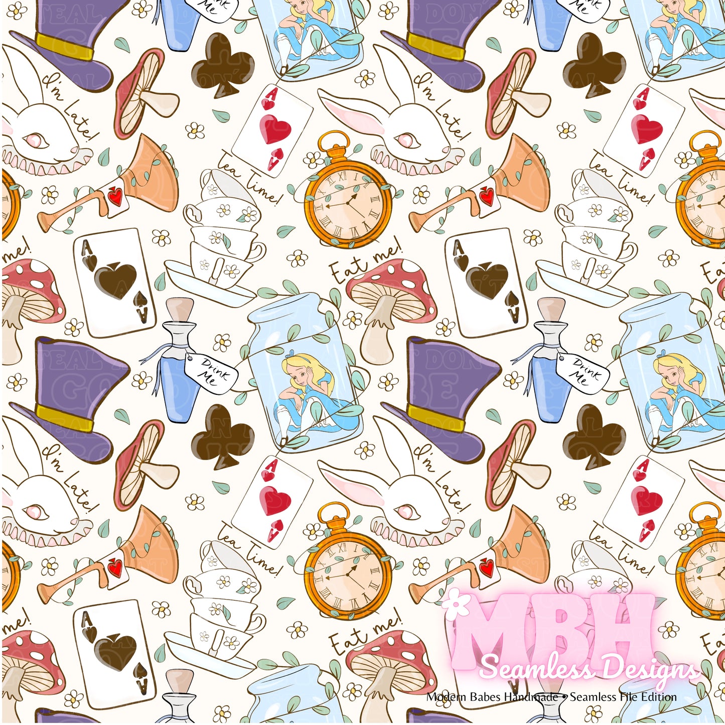 Alice In Wonderland Assorted Colorways Seamless Pattern