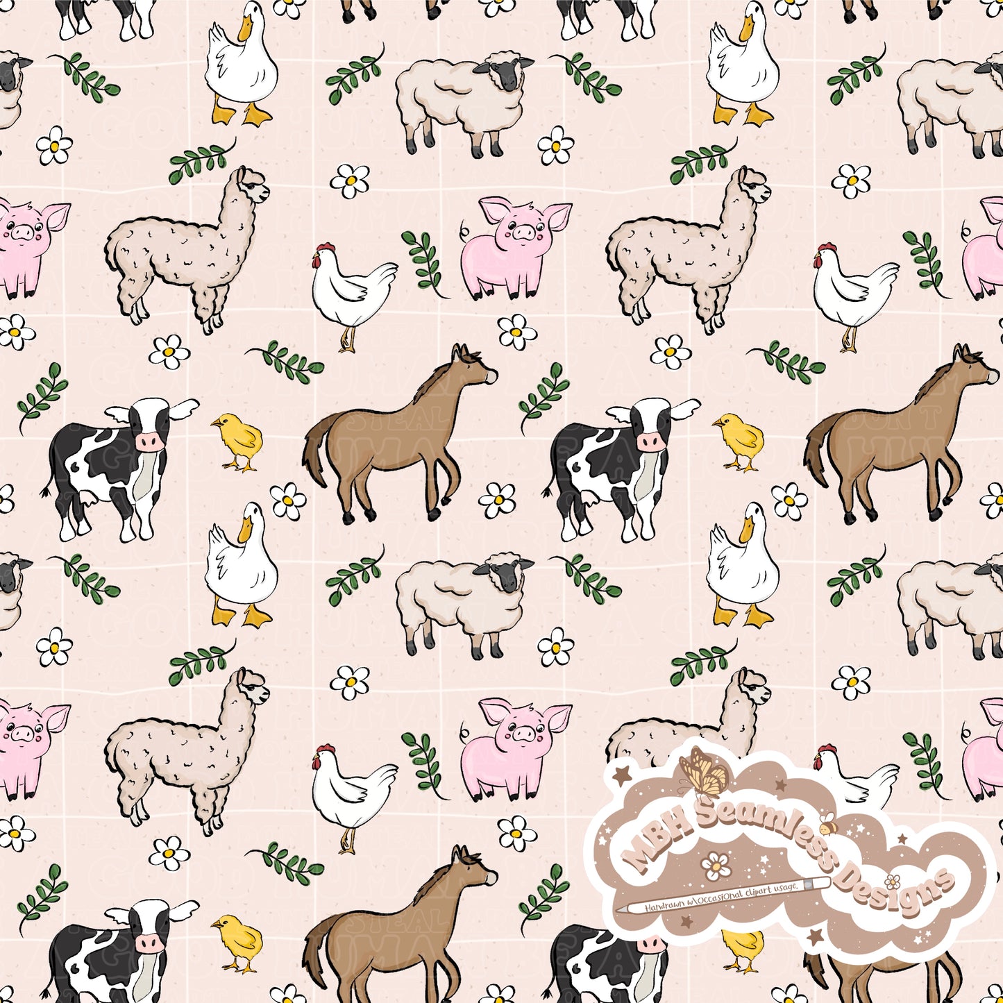 Boho Farm Animals Seamless Pattern MULTIPLE COLORWAYS