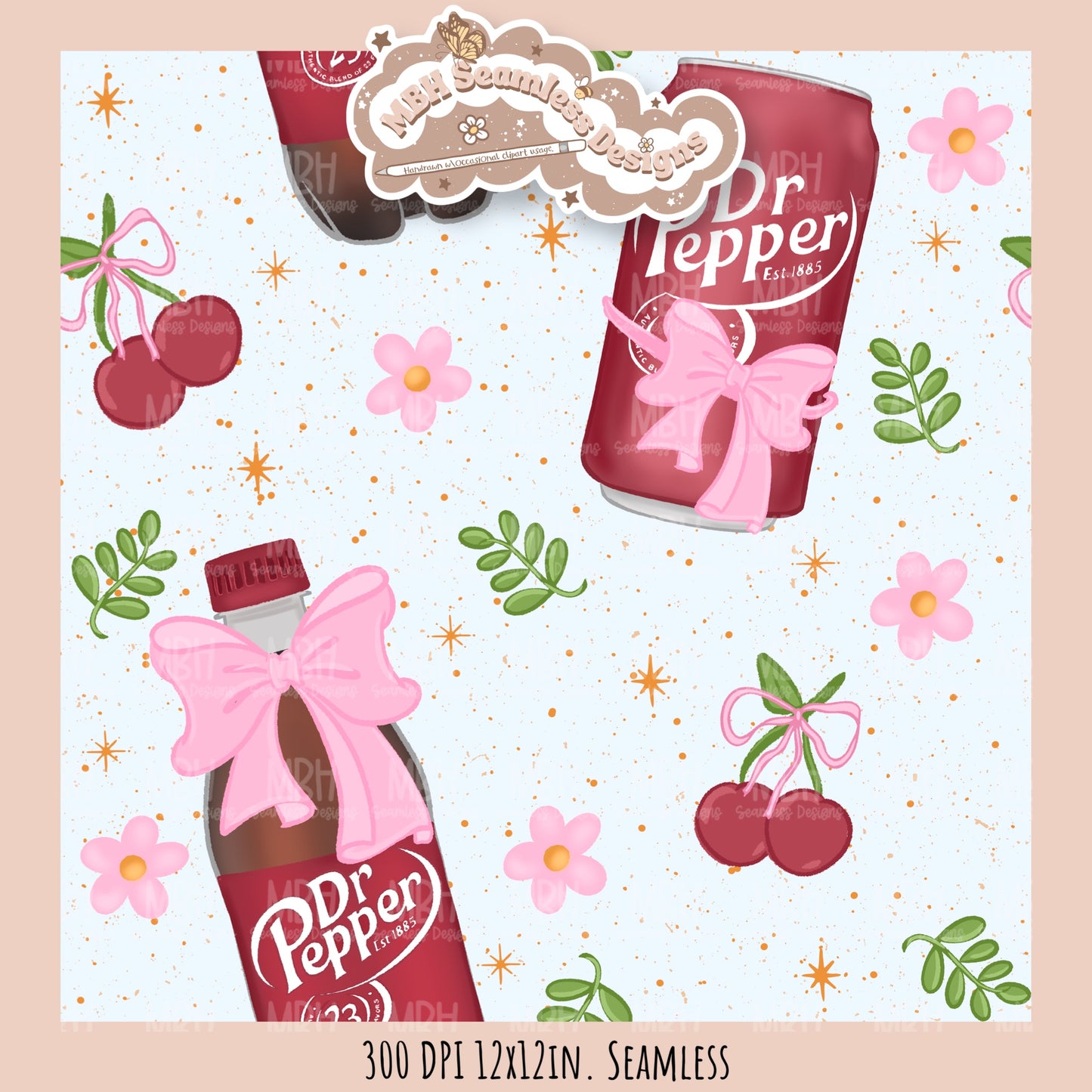 Coquette Dr. Pepper Floral Seamless Pattern // Multiple Colorway Options