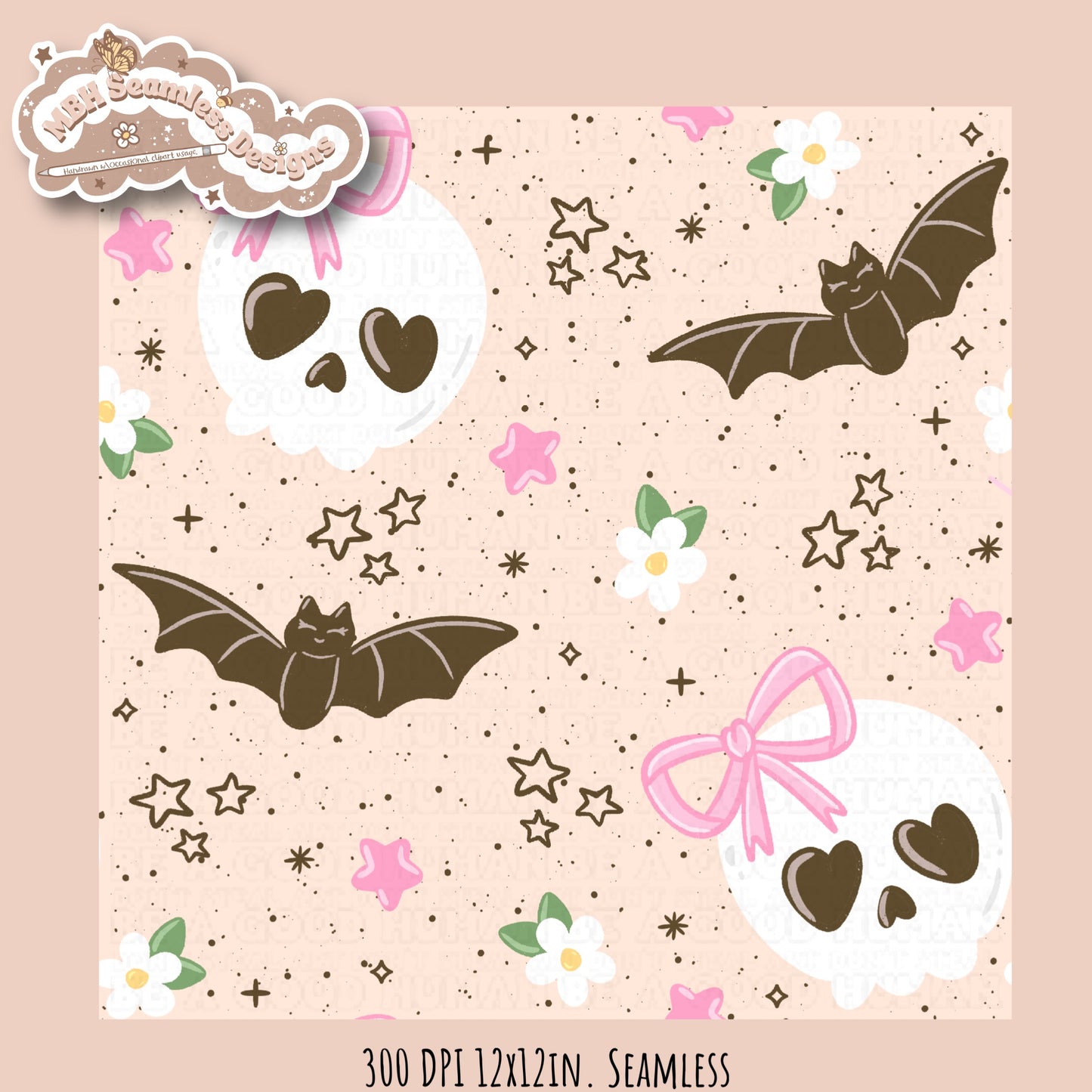 Girly Skulls and Bats Seamless Pattern // Multiple Colorways