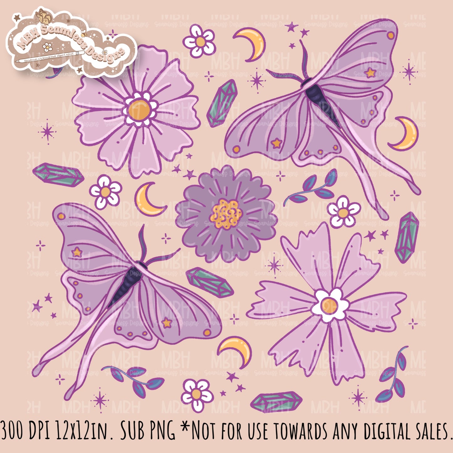 Starry Night Floral Luna Moths Seamless Pattern // PNG//  MULTIPLE COLORWAYS