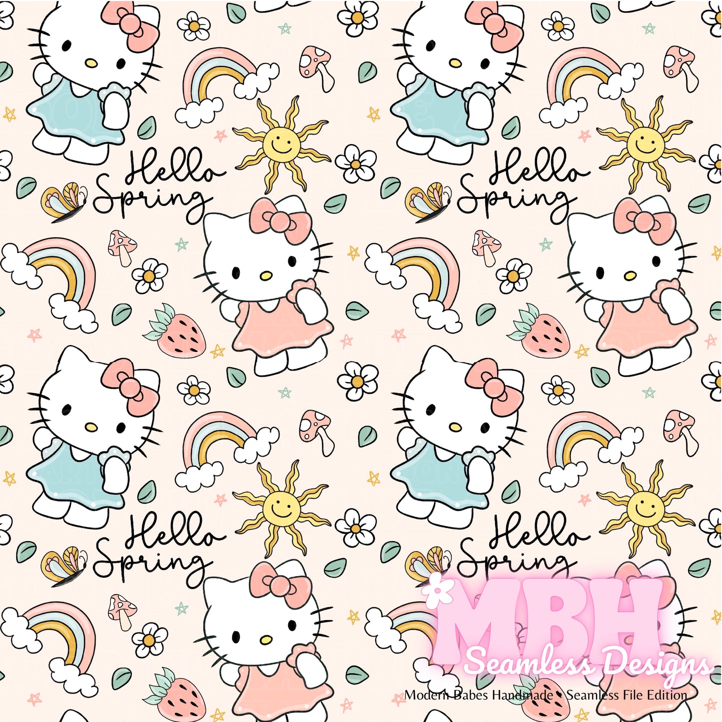 Hello Spring Kitty Seamless Pattern MULTIPLE COLORWAYS