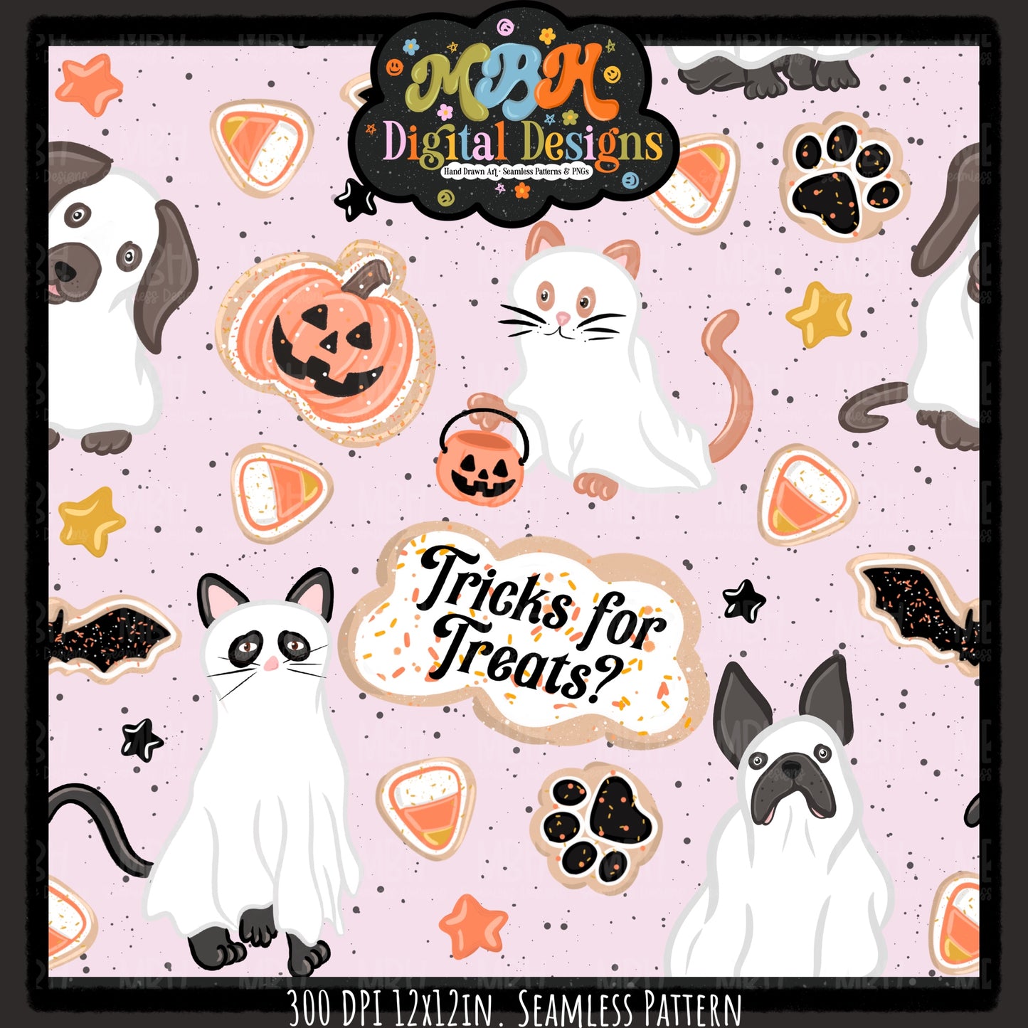 Ghost Cats & Dogs Seamless Pattern // PNG // MULTIPLE COLORWAYS