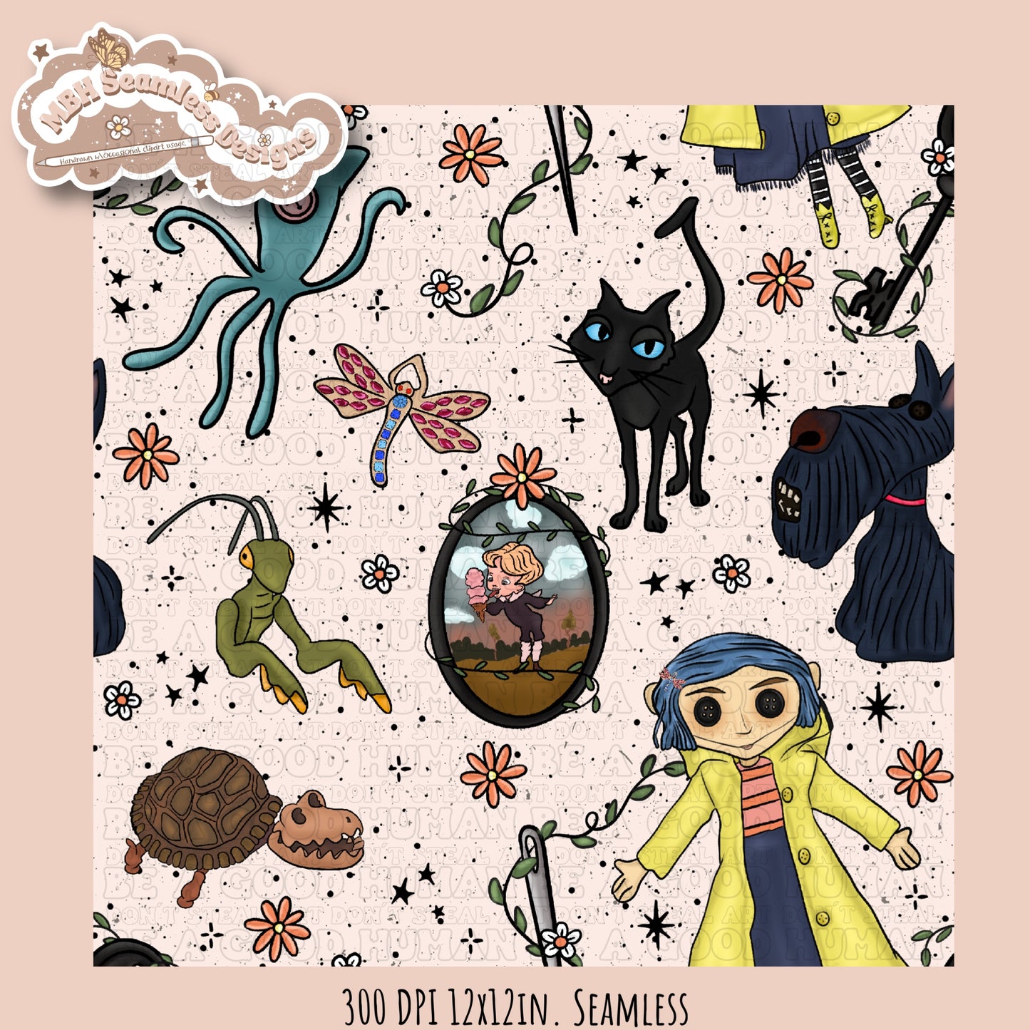 Boho Button Eyes Floral Seamless Pattern Multiple Colorway Options