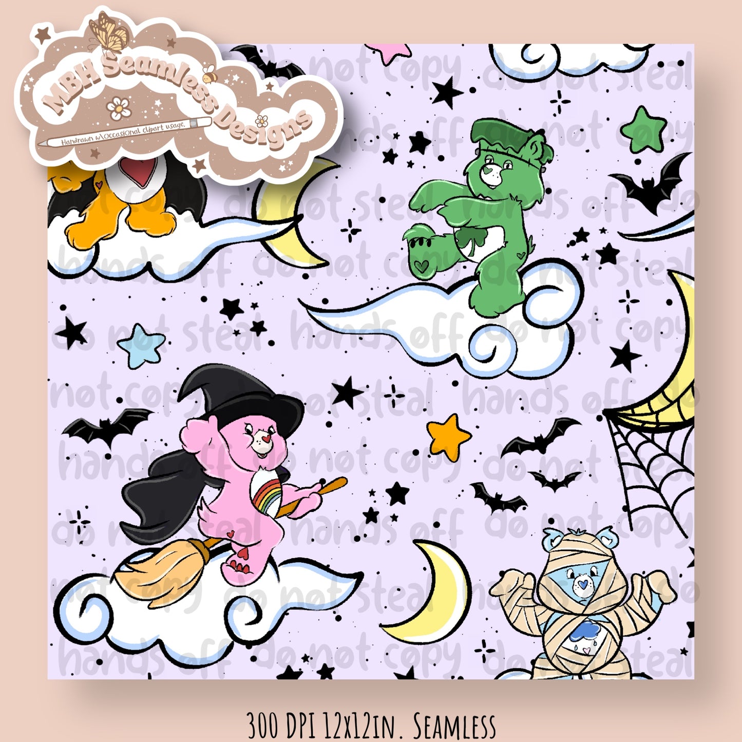 Spooky Care Bears Seamless Pattern & PNG MULTIPLE COLORWAYS