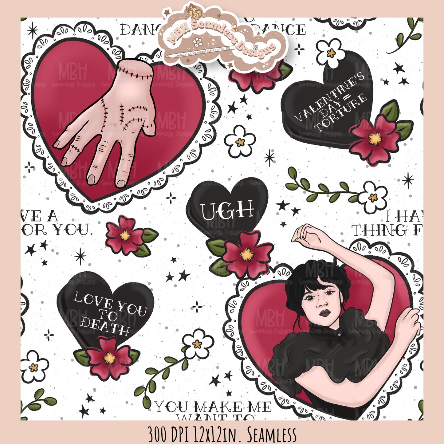 Wednesday Red Tattoo Hearts  Seamless Pattern // PNG // Assorted Colorways