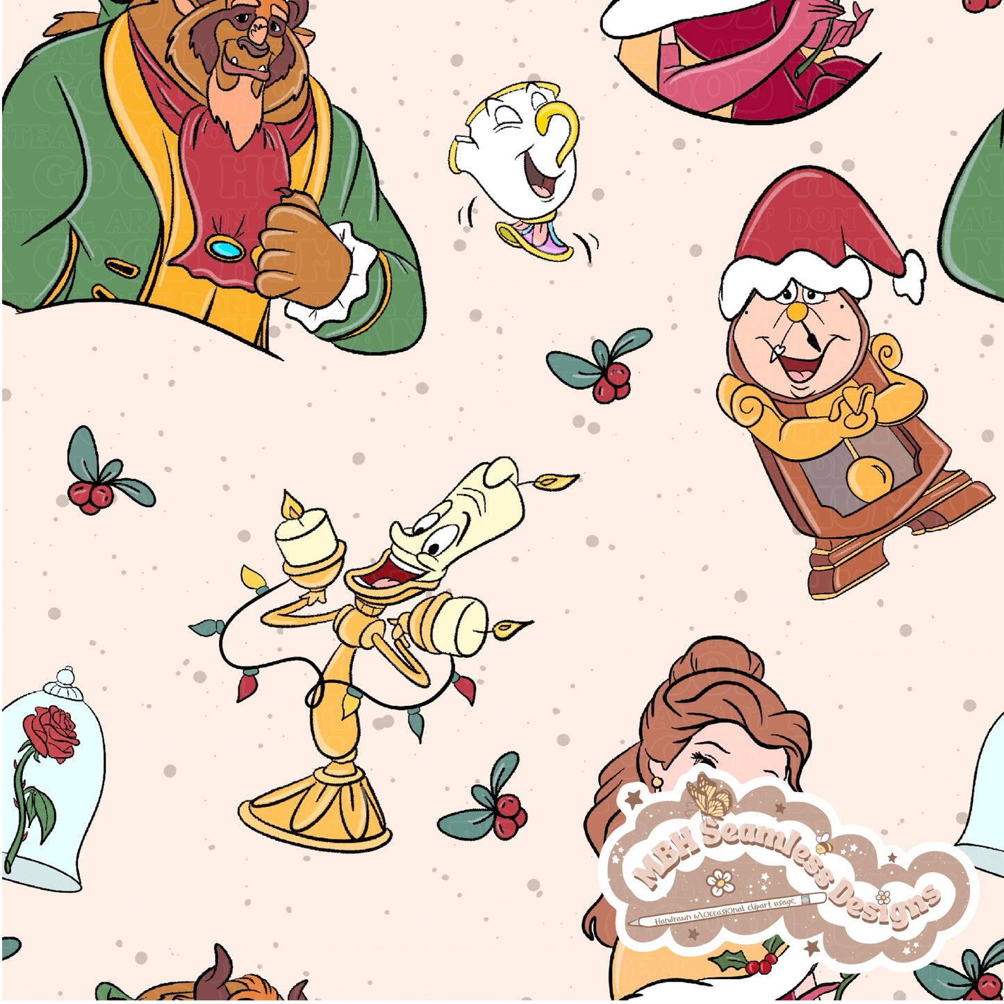 Belle And Beast Christmas Seamless Pattern