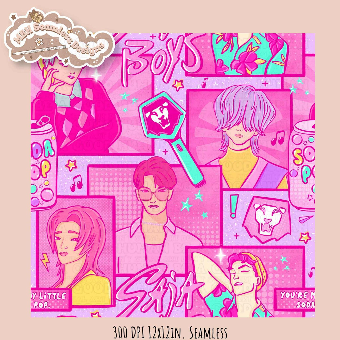 Pink Comic Soda Pop Boys Seamless Pattern // Assorted Colorway Options