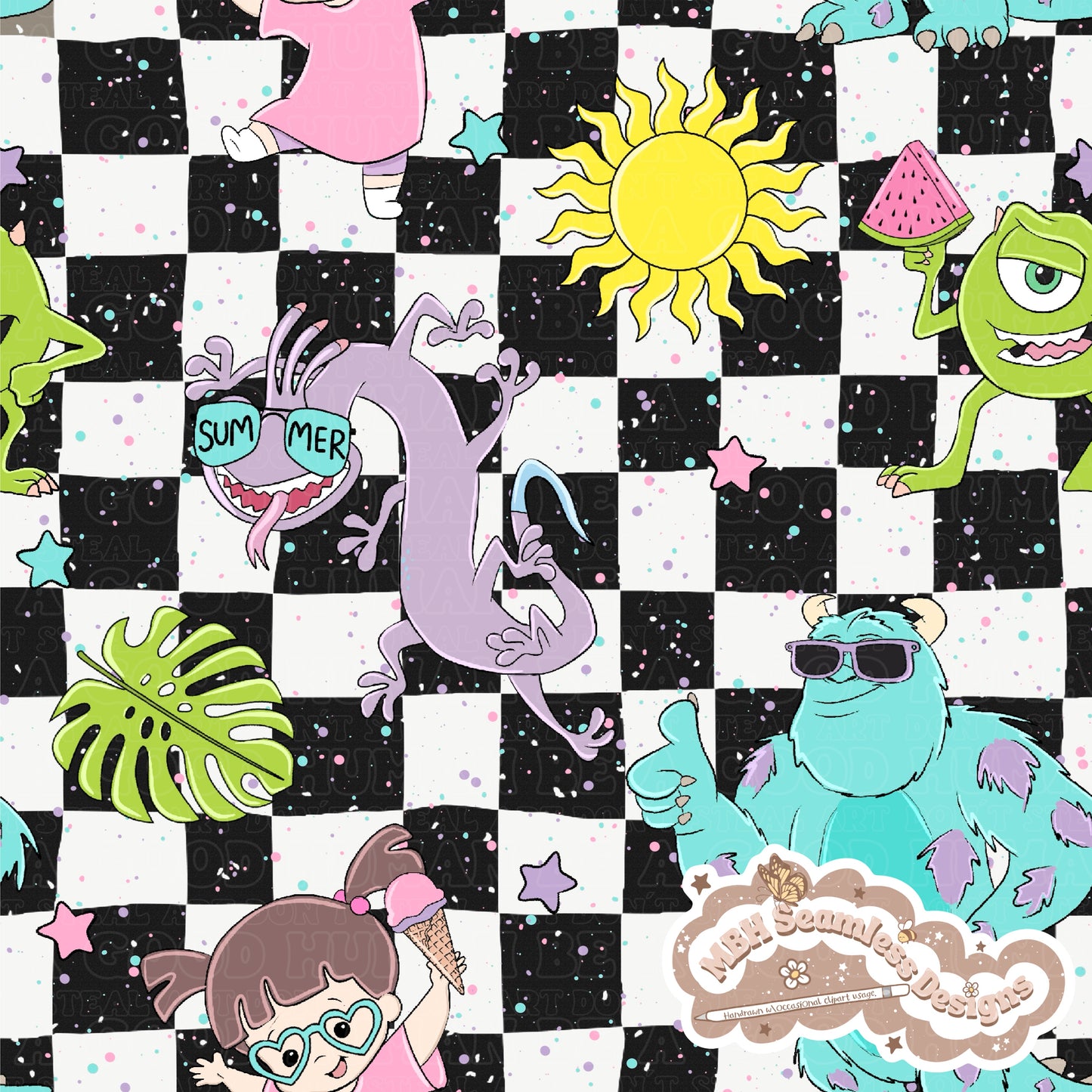 EXCLUSIVE (No Fabric Shops) Checkered Summer Monsters Inc. Seamless Pattern MULTIPLE COLORWAYS