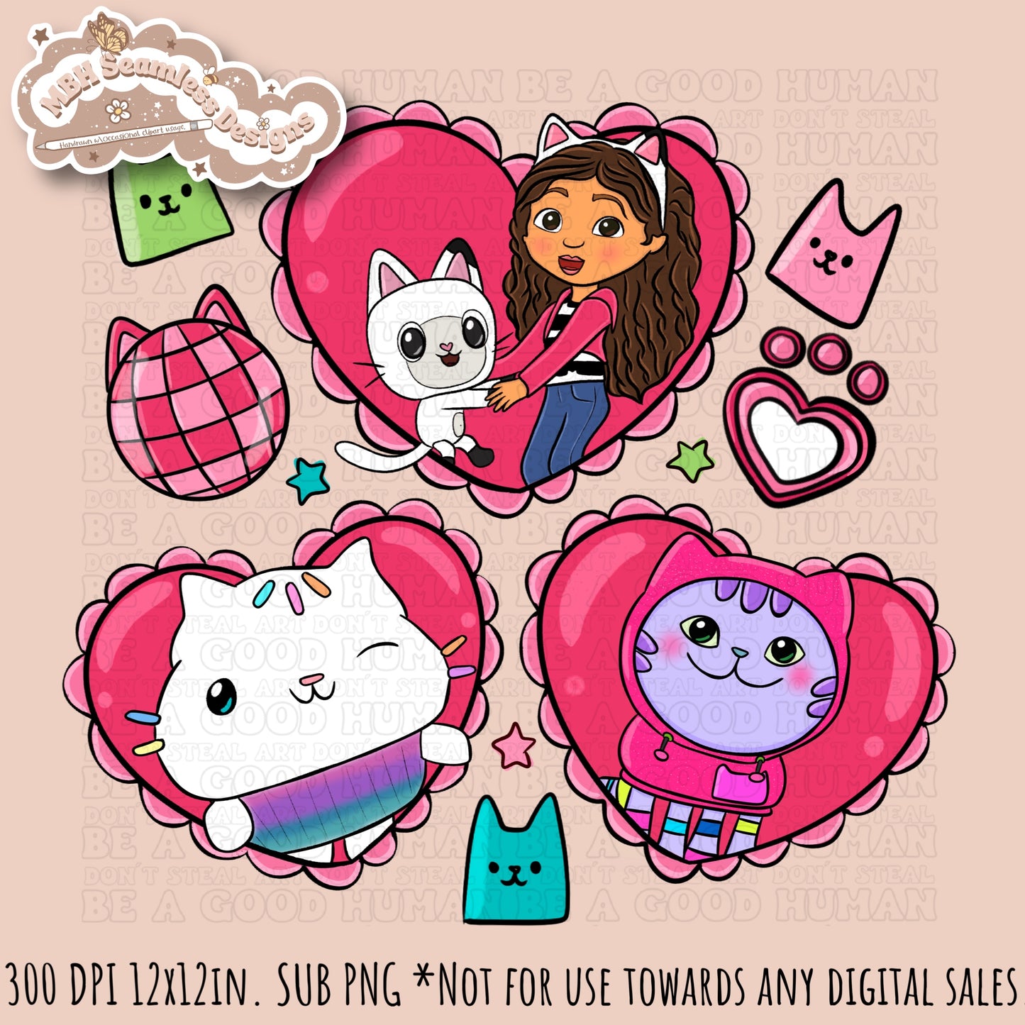 Gabby Valentine Hearts Seamless Pattern & PNG  MULTIPLE COLORWAY/BACKGROUND OPTIONS