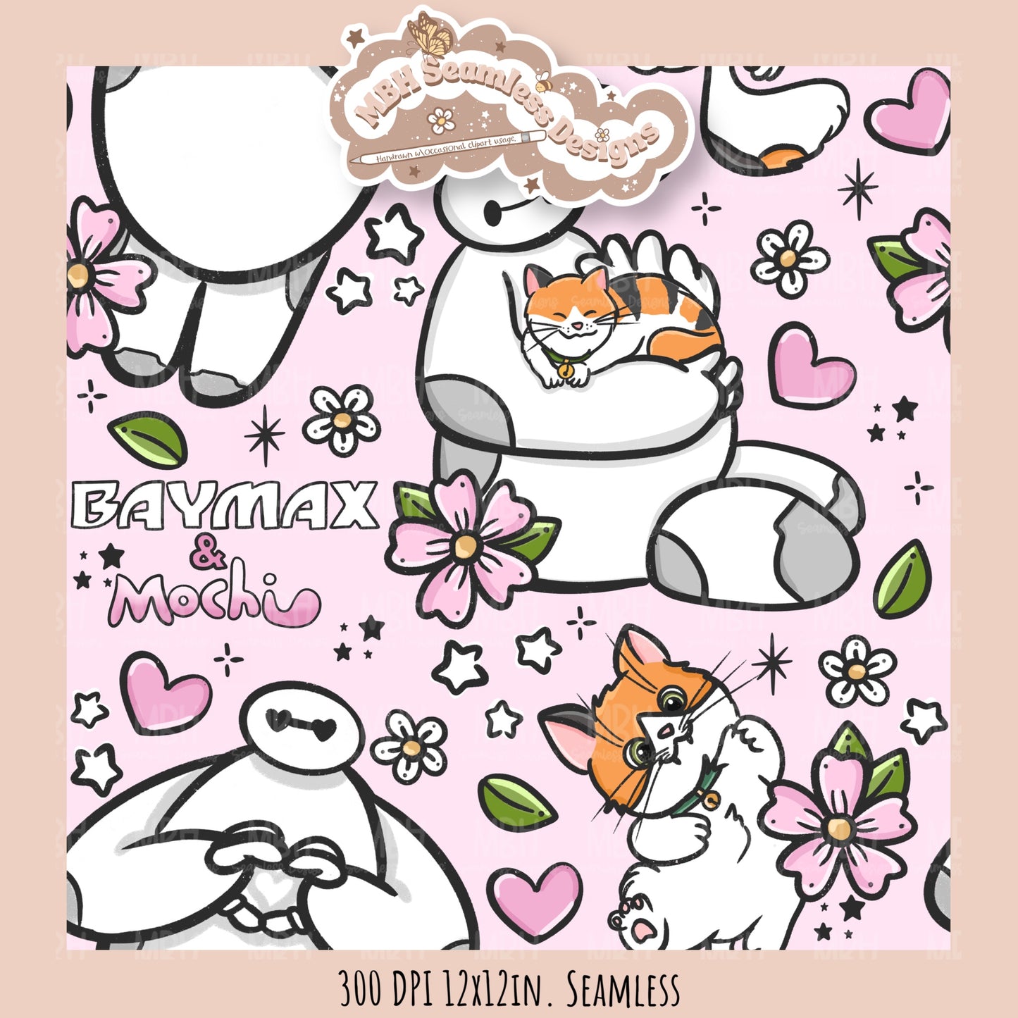 Floral Baymax Mochi Seamless Pattern // Multiple Colorway Options