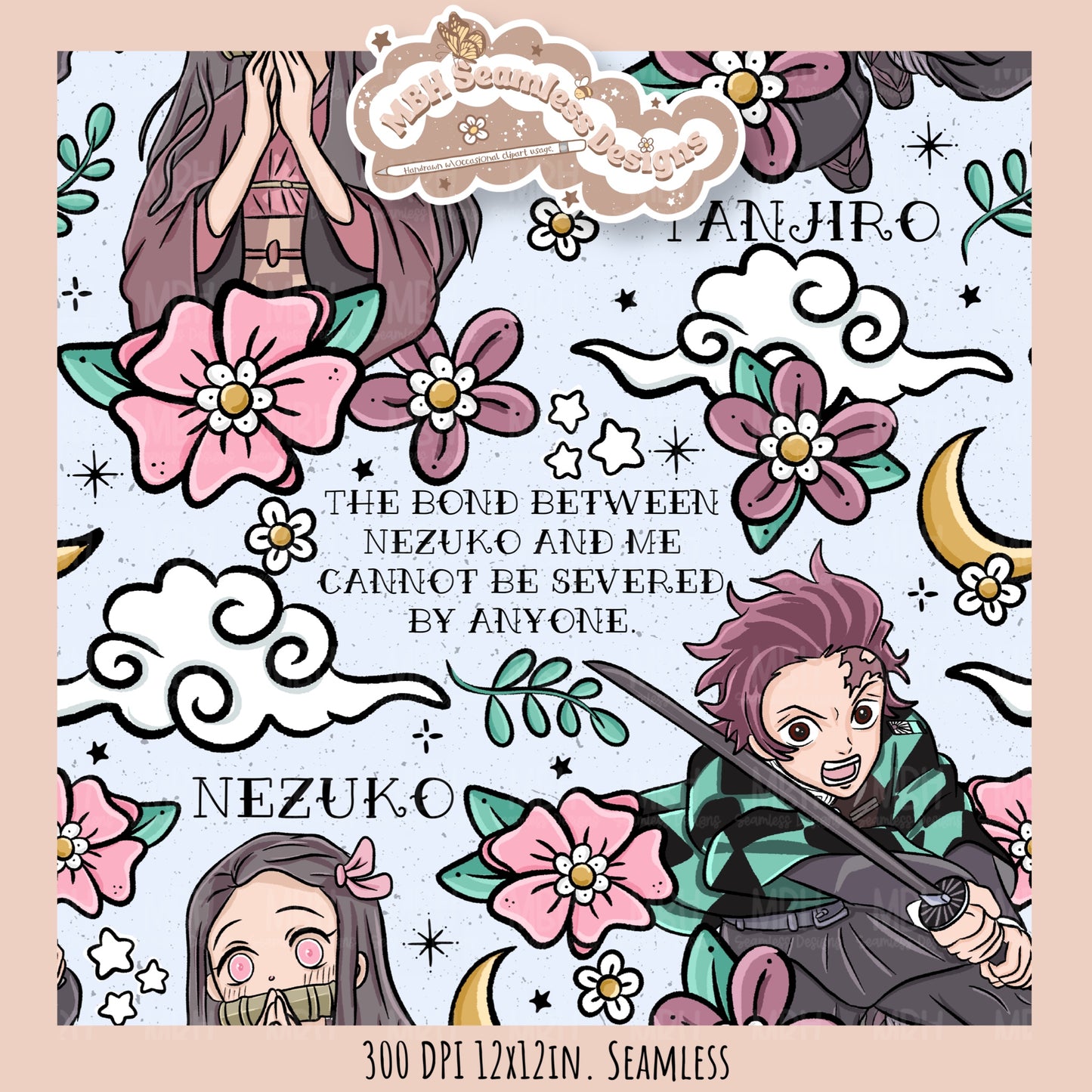 Tanjiro Nezuko Quote Floral Seamless Pattern // PNG // MULTIPLE COLORWAY OPTIONS