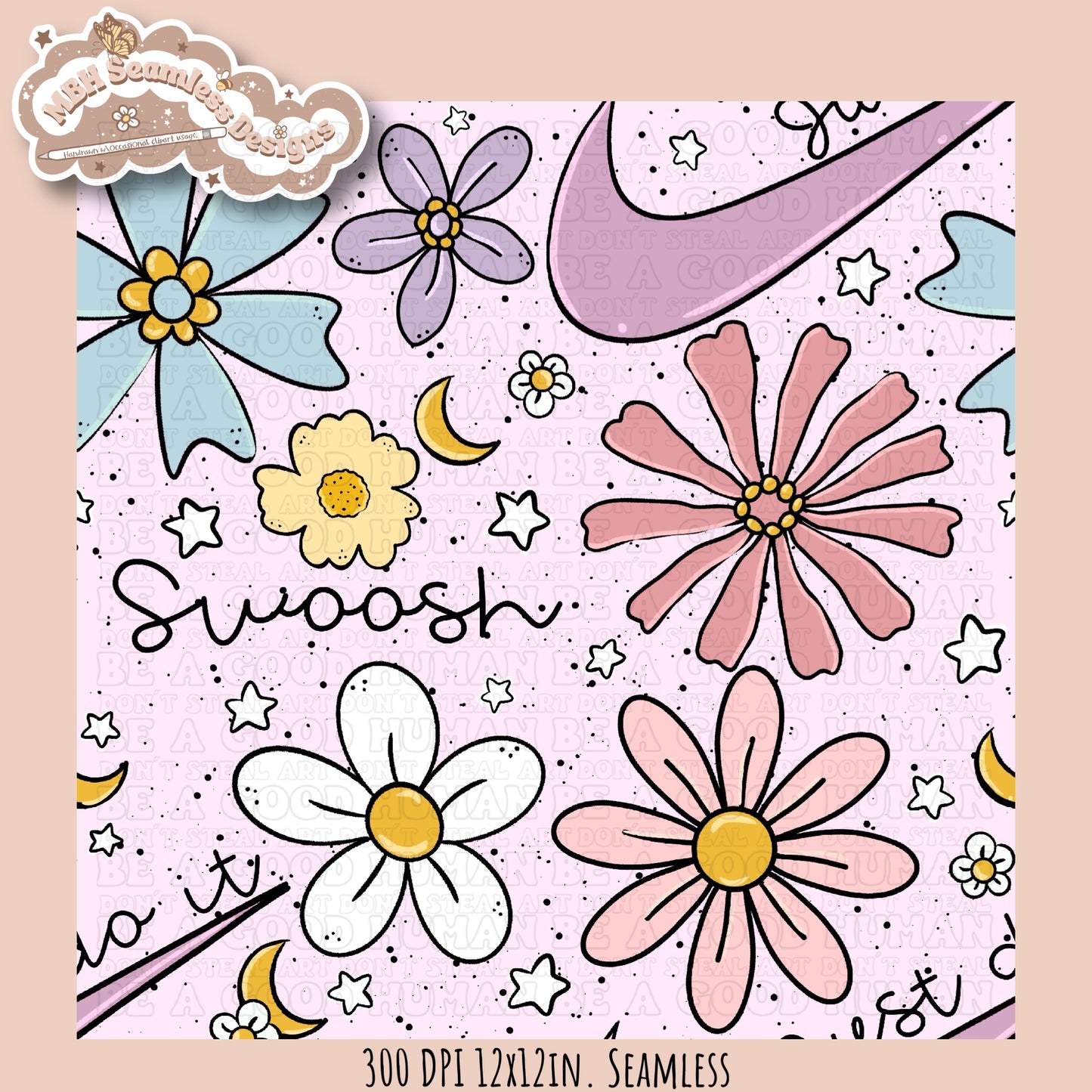 Floral Swoosh Seamless Pattern & PNG MULTIPLE COLORWAYS