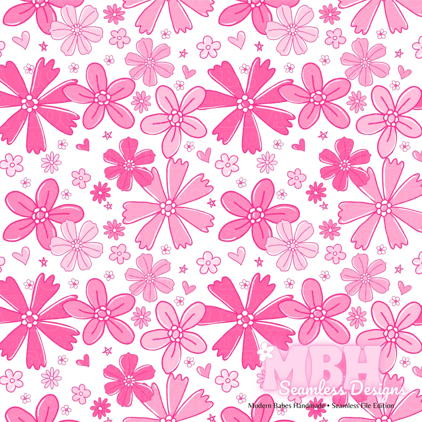 Bright Pink Floral Hearts Seamless Patterns