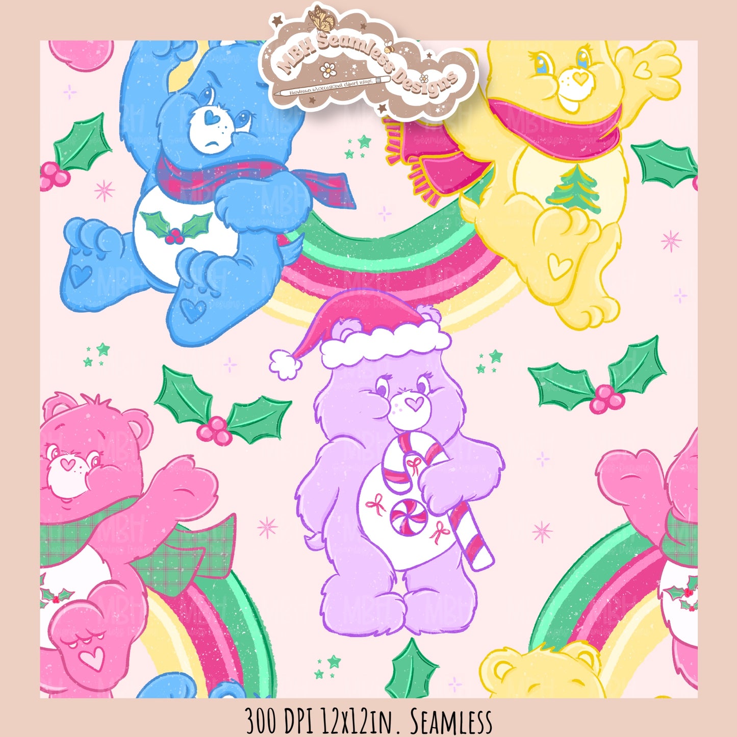 Holiday Care Bears Seamless Pattern // Assorted Colorway Options