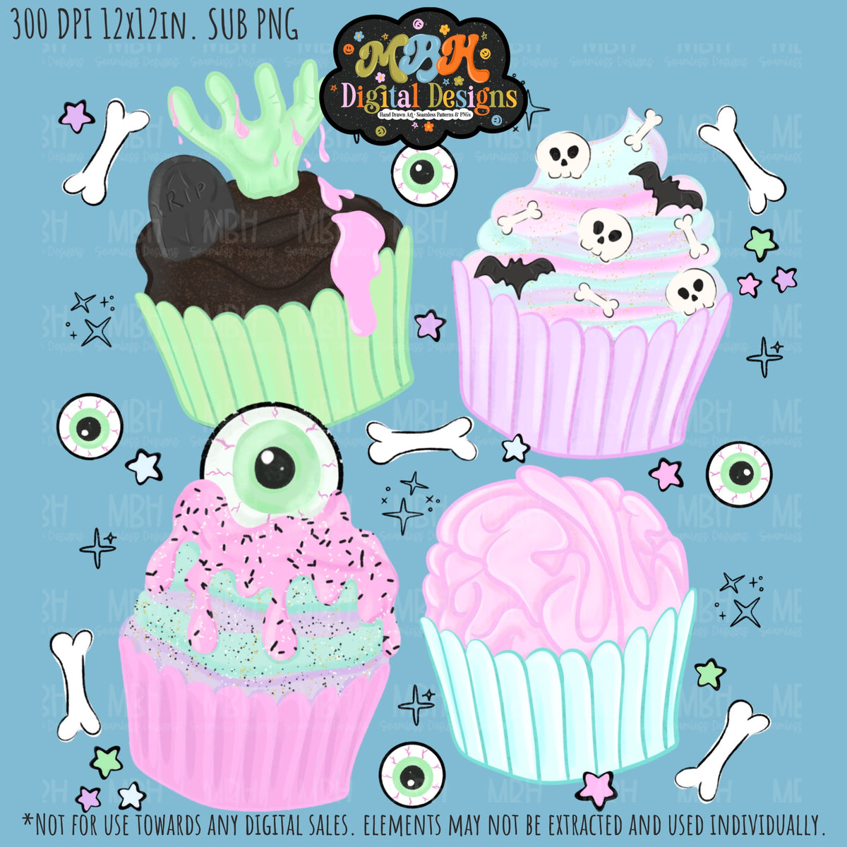 Pastel Creepy Cupcakes Seamless Pattern // PNG // MULTIPLE COLORWAYS