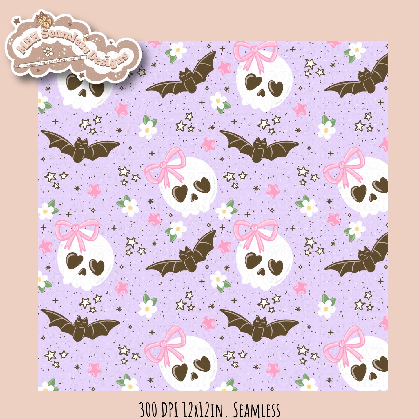 Girly Skulls and Bats Seamless Pattern // Multiple Colorways