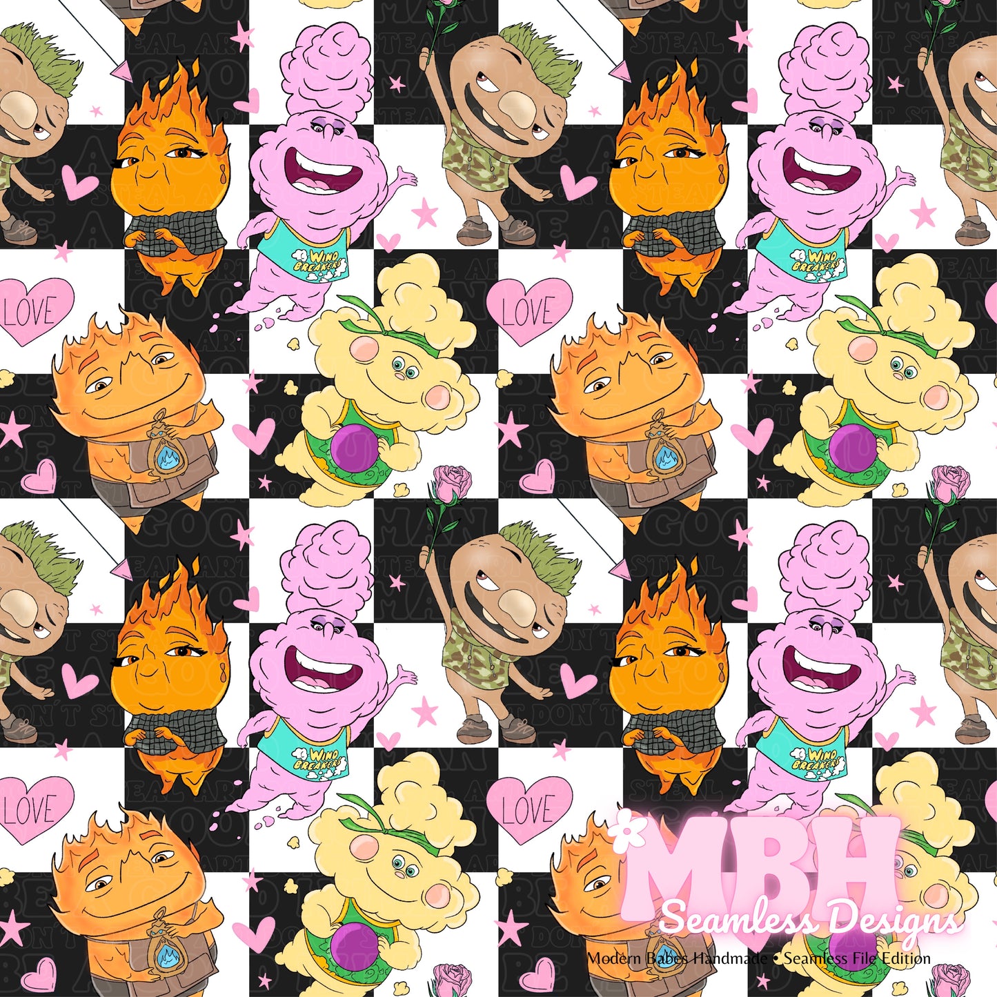 Elemental Friends Checkered Valentine Assorted Colorways  Seamless Pattern