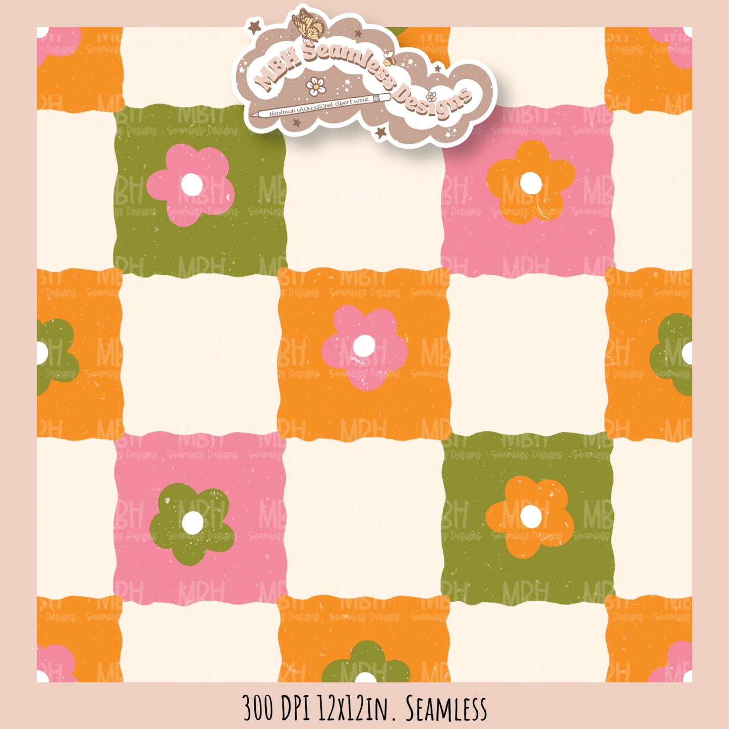 Retro Peace Love Happiness Checkered Coordinate Seamless Pattern // Smilies or Daisy Options