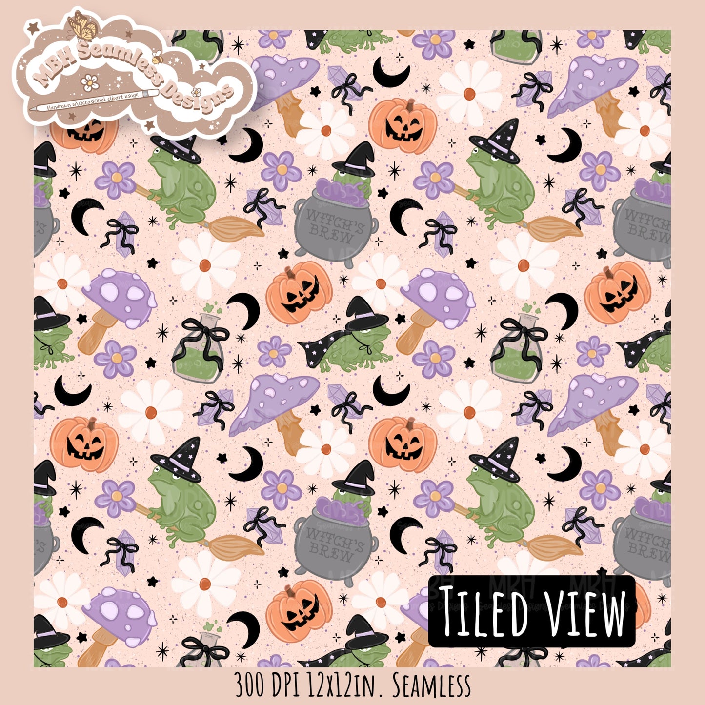 Coquette Witchy Frogs Seamless Pattern•PNG•Multiple Colorways