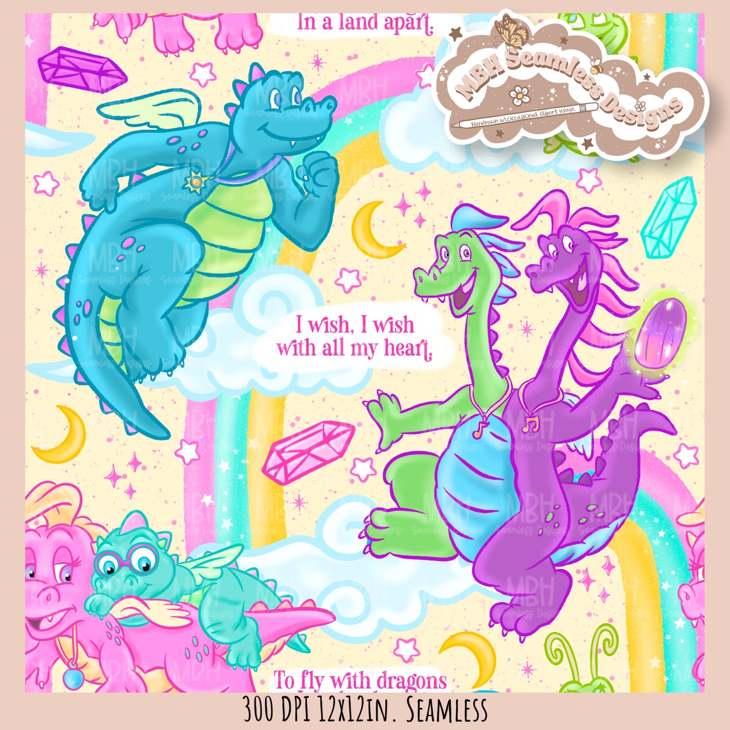 Rainbow Dragon Tales Seamless Pattern  // MULTIPLE COLORWAYS // PNG