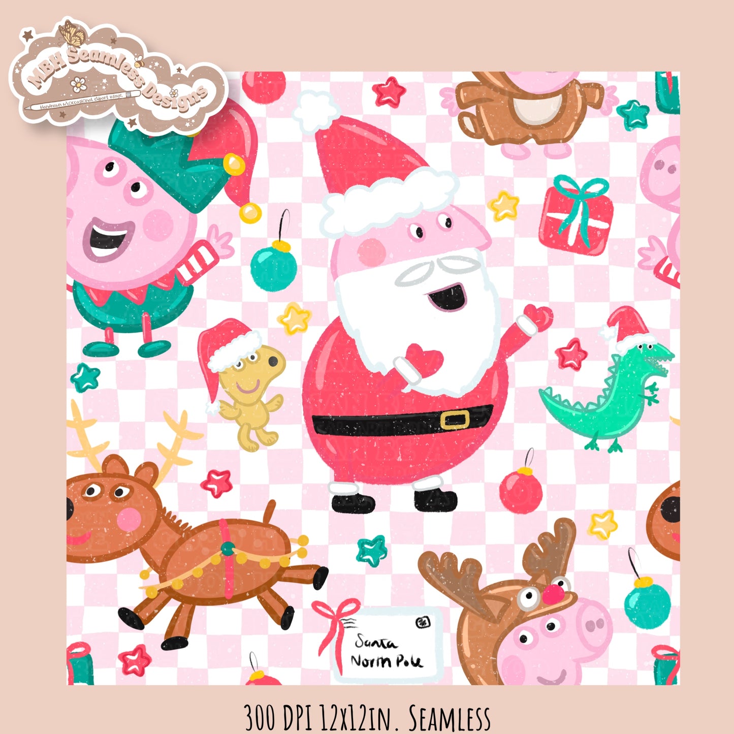Peppa Christmas Seamless Pattern // PNG // Assorted Colorways