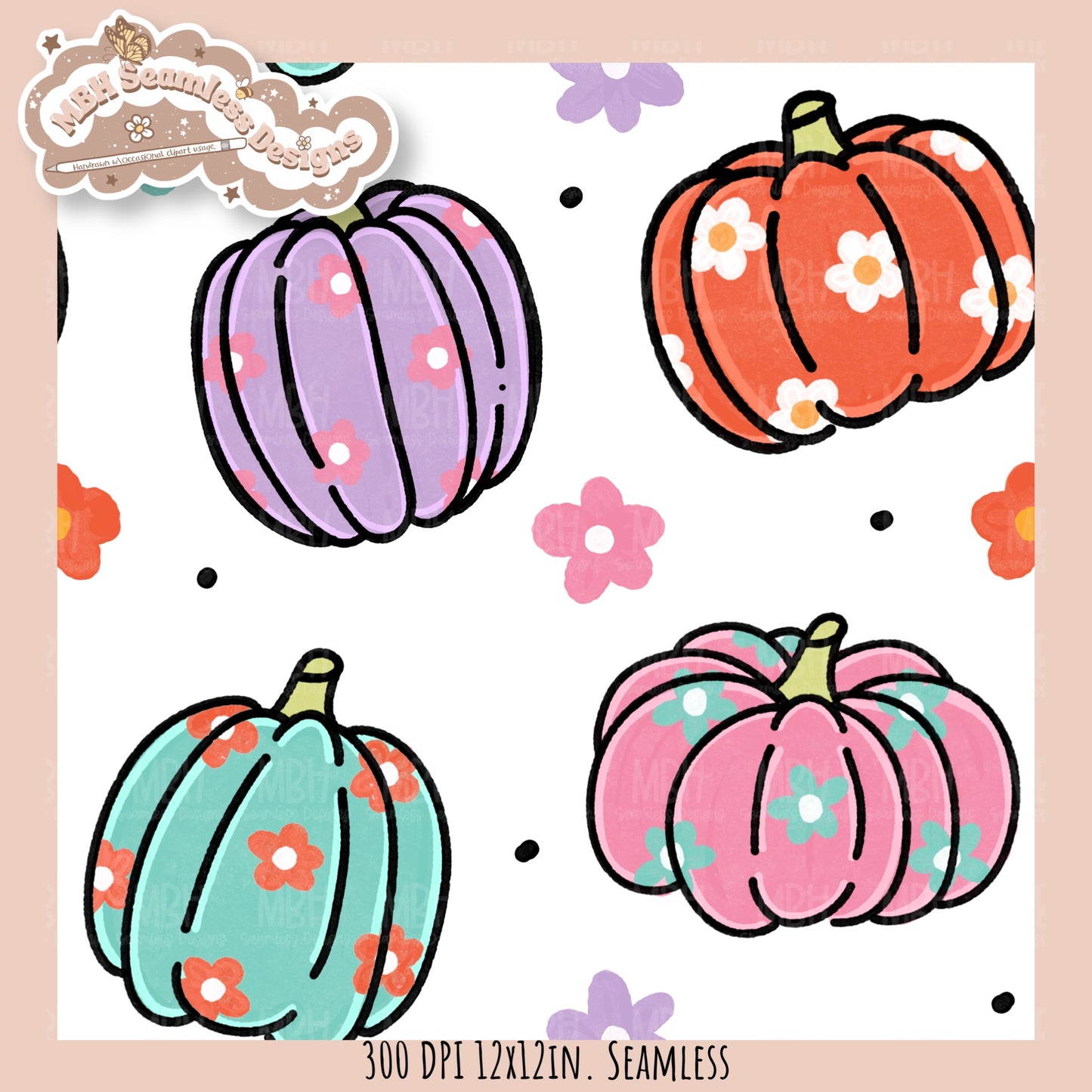 Daisy Pumpkins Seamless Pattern // Assorted Colorway Options