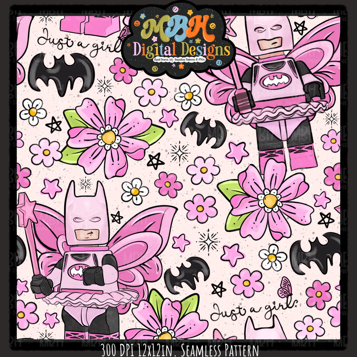 Floral Batgirl Seamless Pattern // PNG // MULTIPLE COLORWAYS